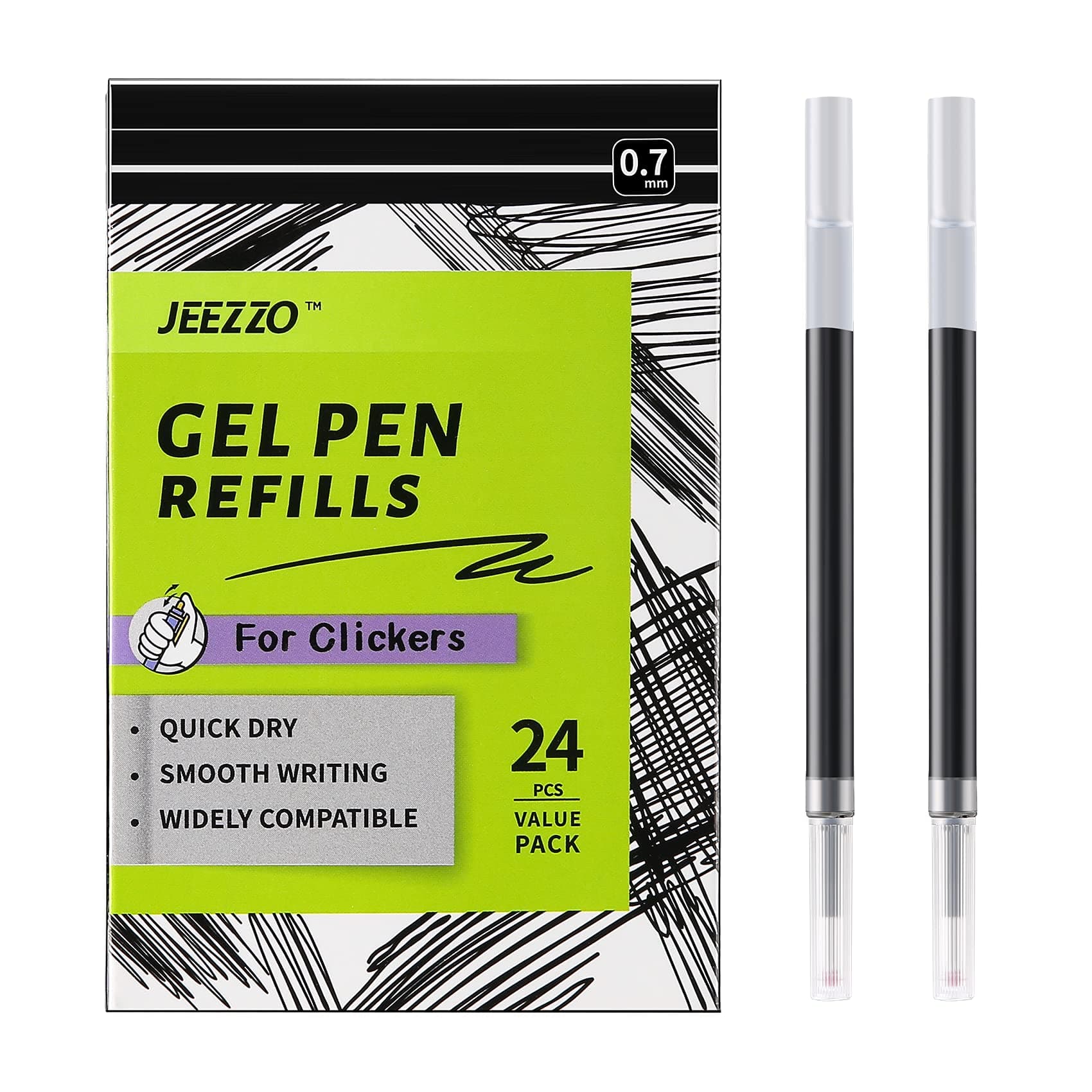 Gel Ink Refills for Retractable Click Pens, Medium Point Pen Refills Compatible with Pilot G2 Pentel Energel Jetstream Sharpie S-Gel Uniball Signo Zebra Sarasa (Black, 0.7mm, 24 pcs)