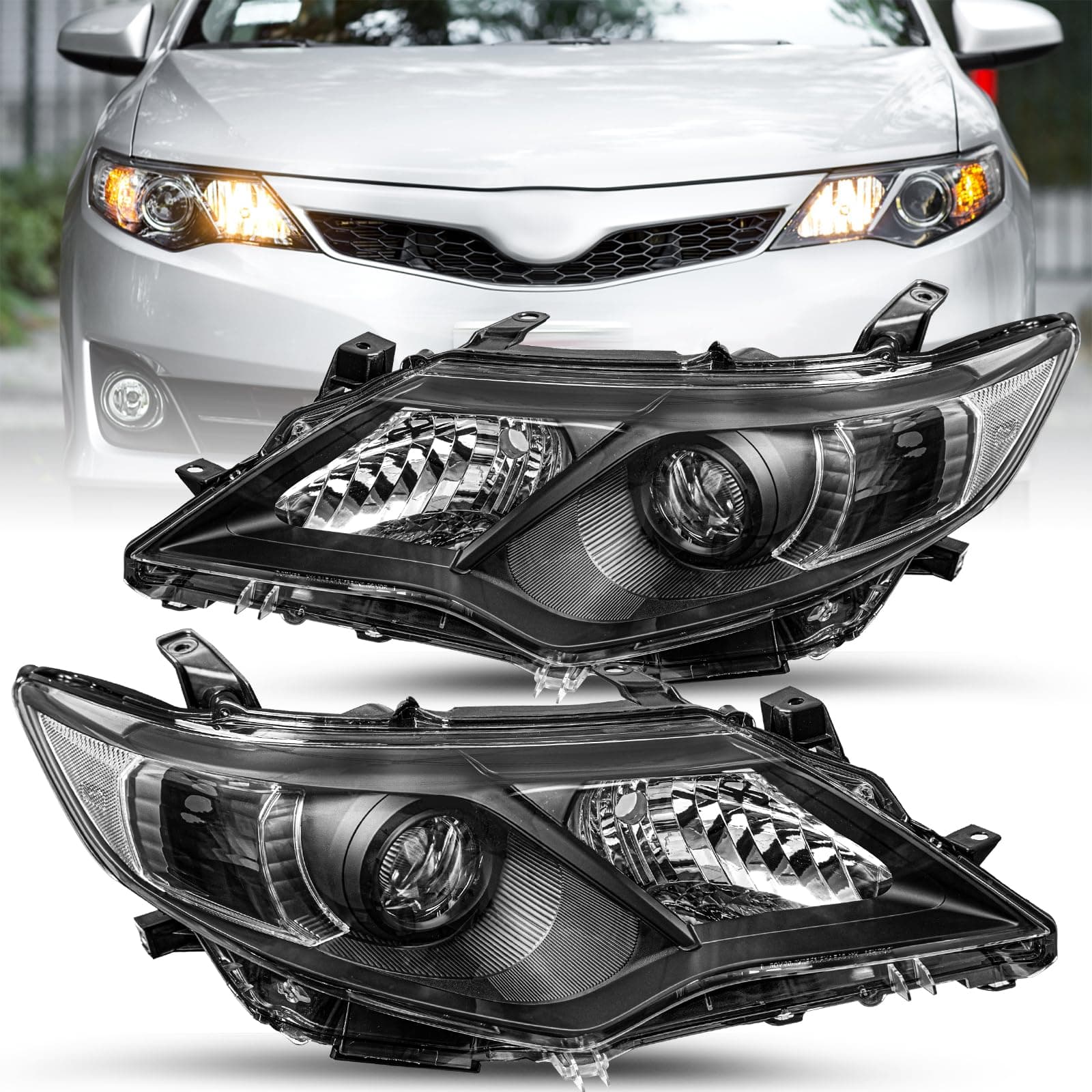 JSBOYAT Headlight Assembly Replacement for 2012 2013 2014 Toyota Camry SE/L/LE/XLE/Hybrid Projector Driver Passenger Side (Black Housing with Clear Reflector)