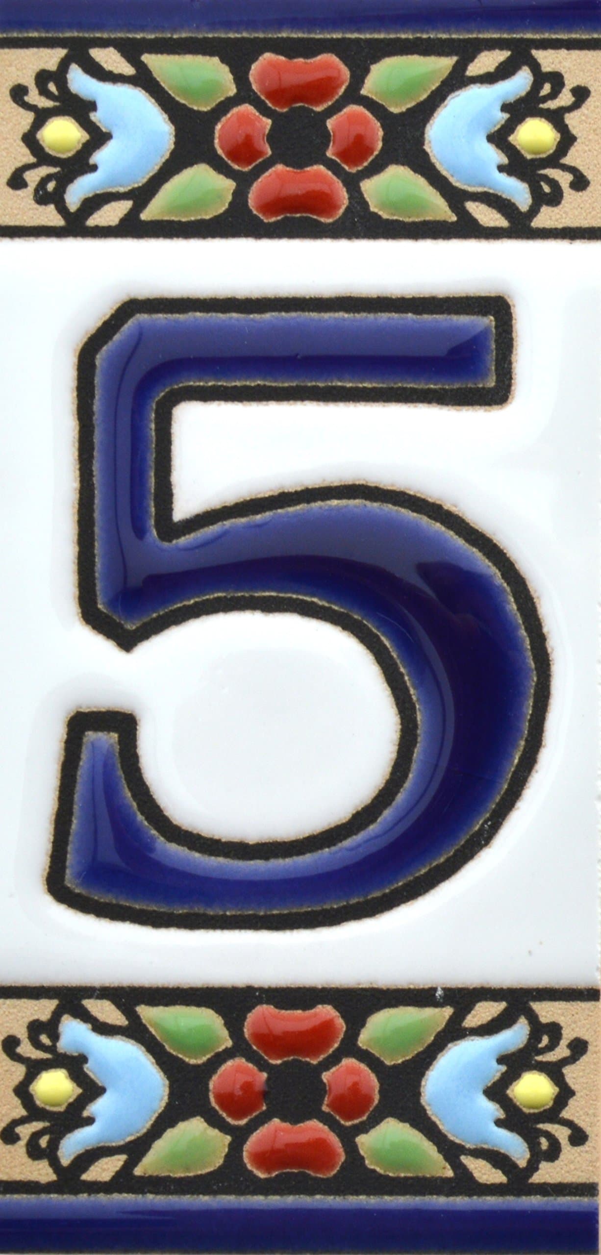 Handcrafted Spanish Ceramic House Number Tile, Number Five '5', 2.87 * 1.38 inch, Traditional Spanish Ceramic Style
