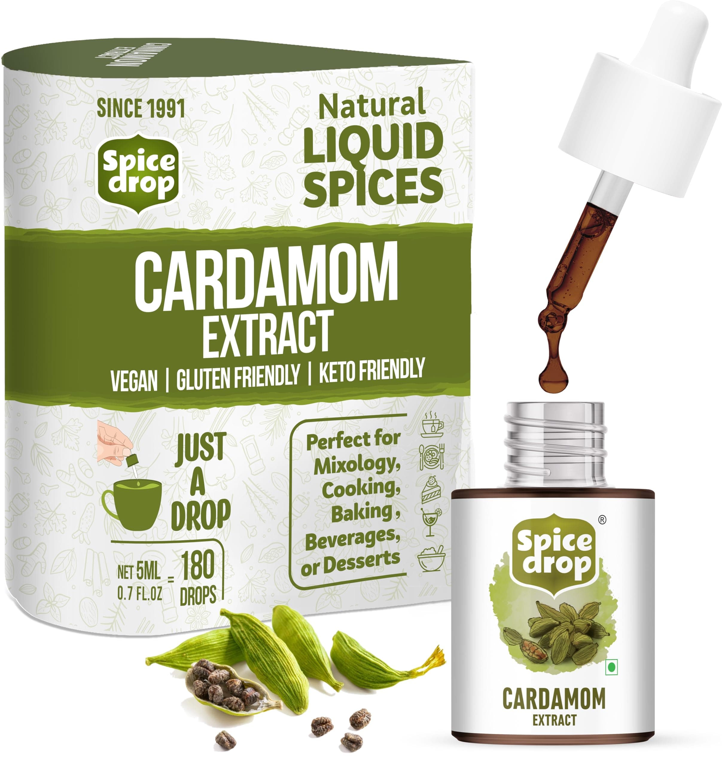Spice Drop Cardamom Extract - Tea, Coffee, Cooking, Baking, Dessert | Rich Aroma & Authentic Quality | Pure Whole Green Cardamom Pod Extract | No Added Color or Preservative | Vegan | 5 ML (180 drops)