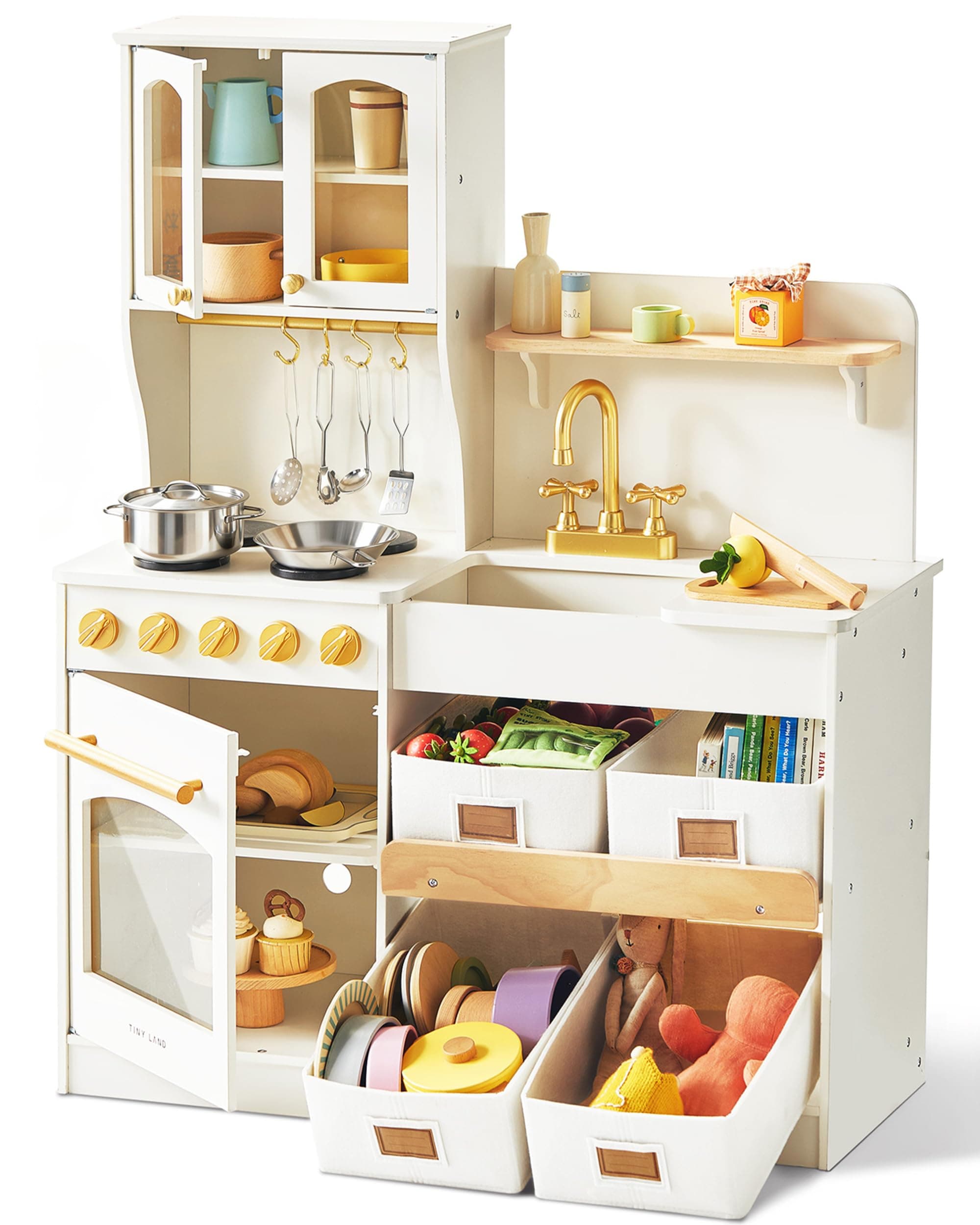 Wooden Play Kitchen for Kids – Enhanced Storage with Cabinets & Bins, Modern Toddler Kitchen Playset with Stove, Sink & Accessories