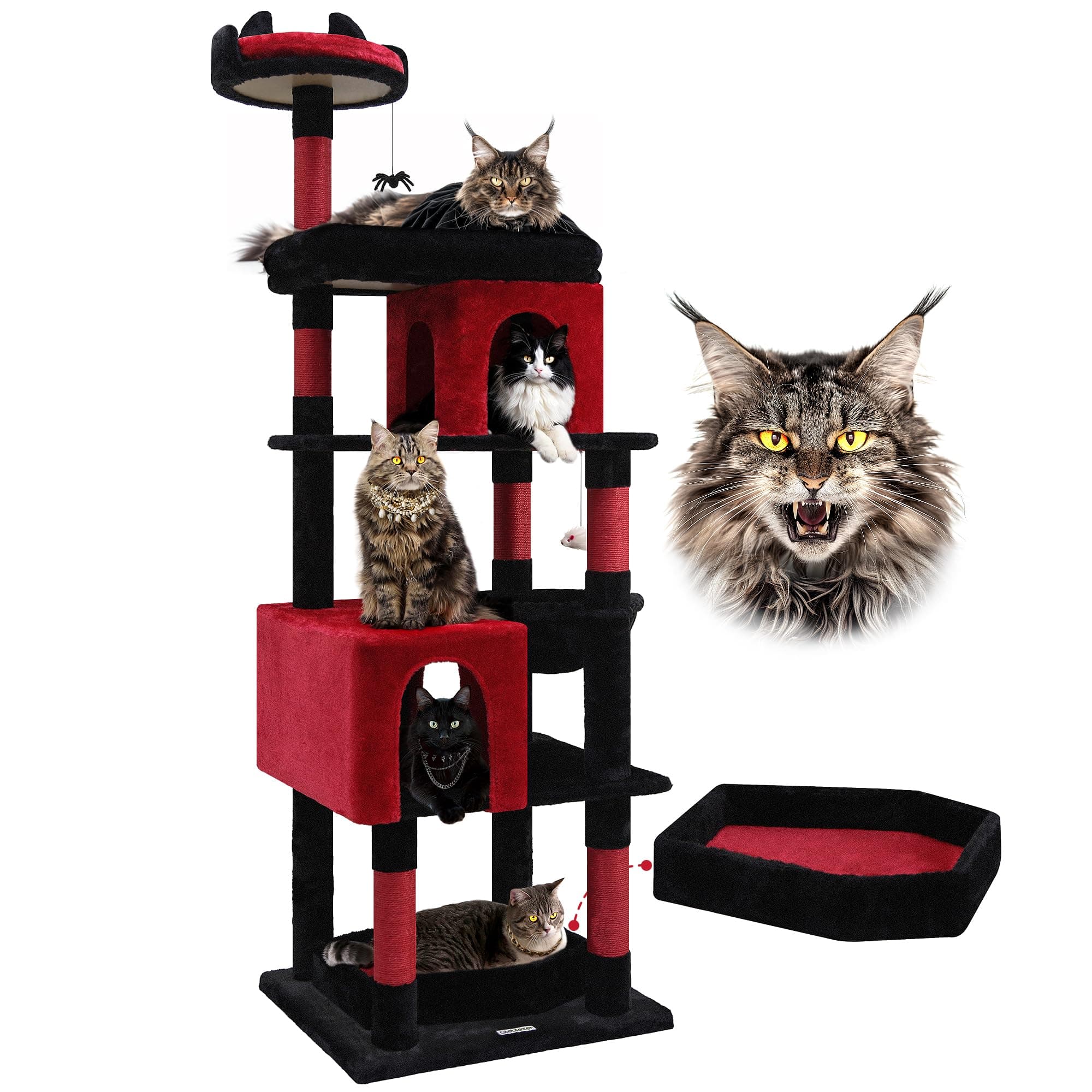Globlazer Heavy Duty Gothic Cat Tree, 72in Large Cat Tower with Coffin Bed, Sturdy Maine Coon Cat Tree for Large Cats 20 lbs+, Medieval Castle Style with 6 Scratching Posts & Hammock, S72, Black & Red