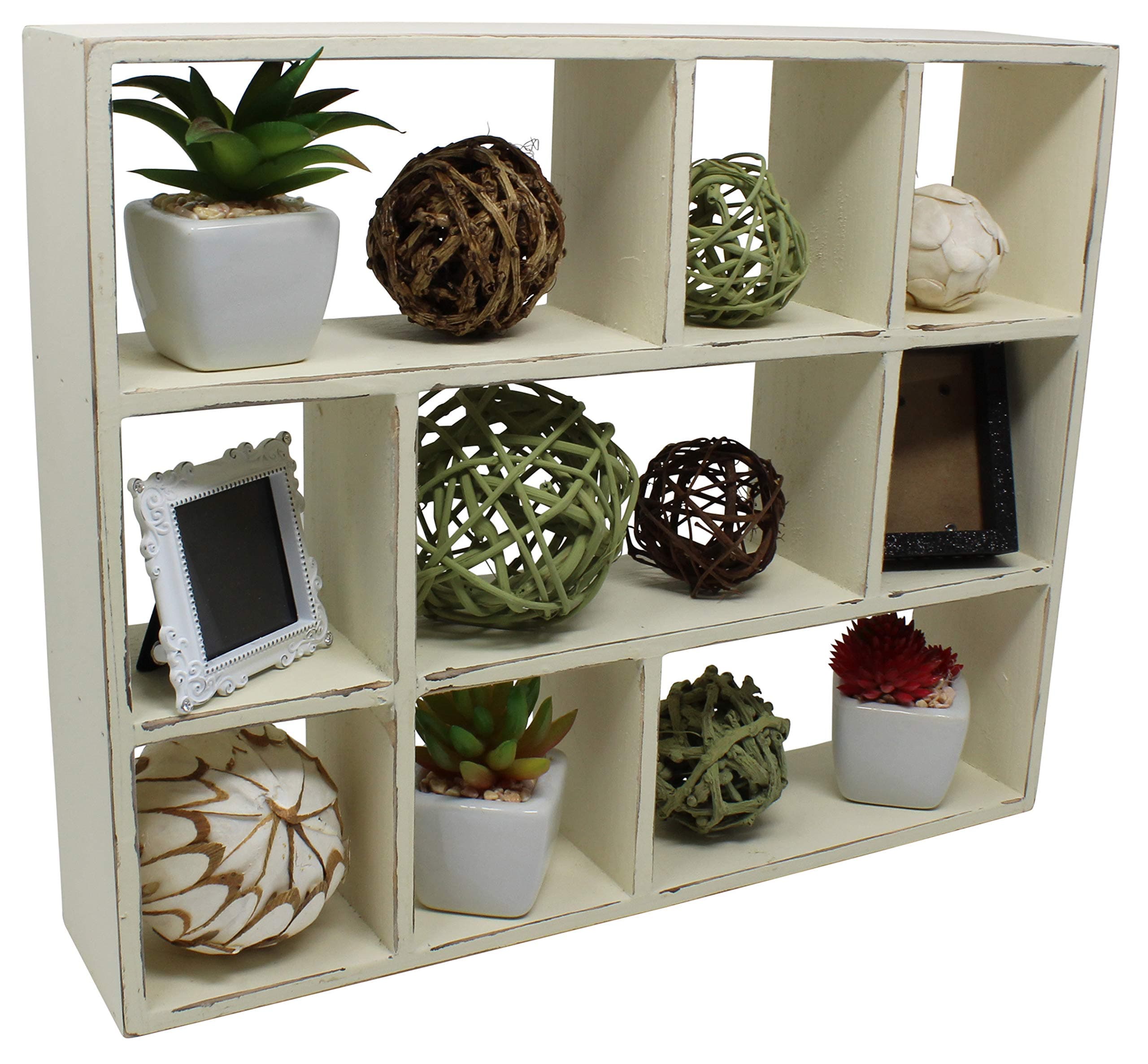 Vintage Rustic Torched Wood Rustic Freestanding & Wall Mountable Shadow Box Display Frame with 9 Compartments - Wooden Farmhouse/White Washed Home Decor Picture Shelf for Kitchen, Bedrooms, Bathroom