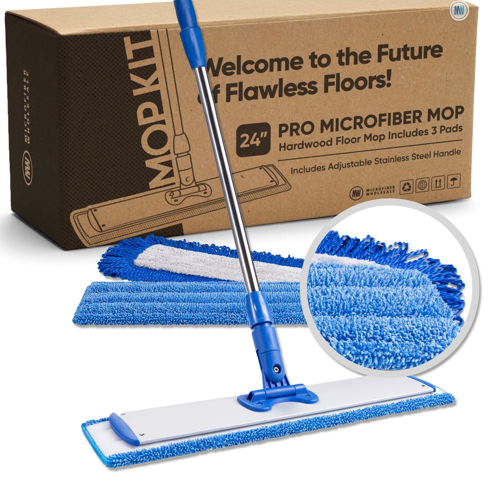 Microfiber Wholesale 24" Microfiber Mop System - Clean & Dust Hardwood, Laminate, & Tile Floors, Reusable Mop Heads, Adjustable Handle, Washable Micro Fiber Wet & Dry Pads, Industrial & Commercial
