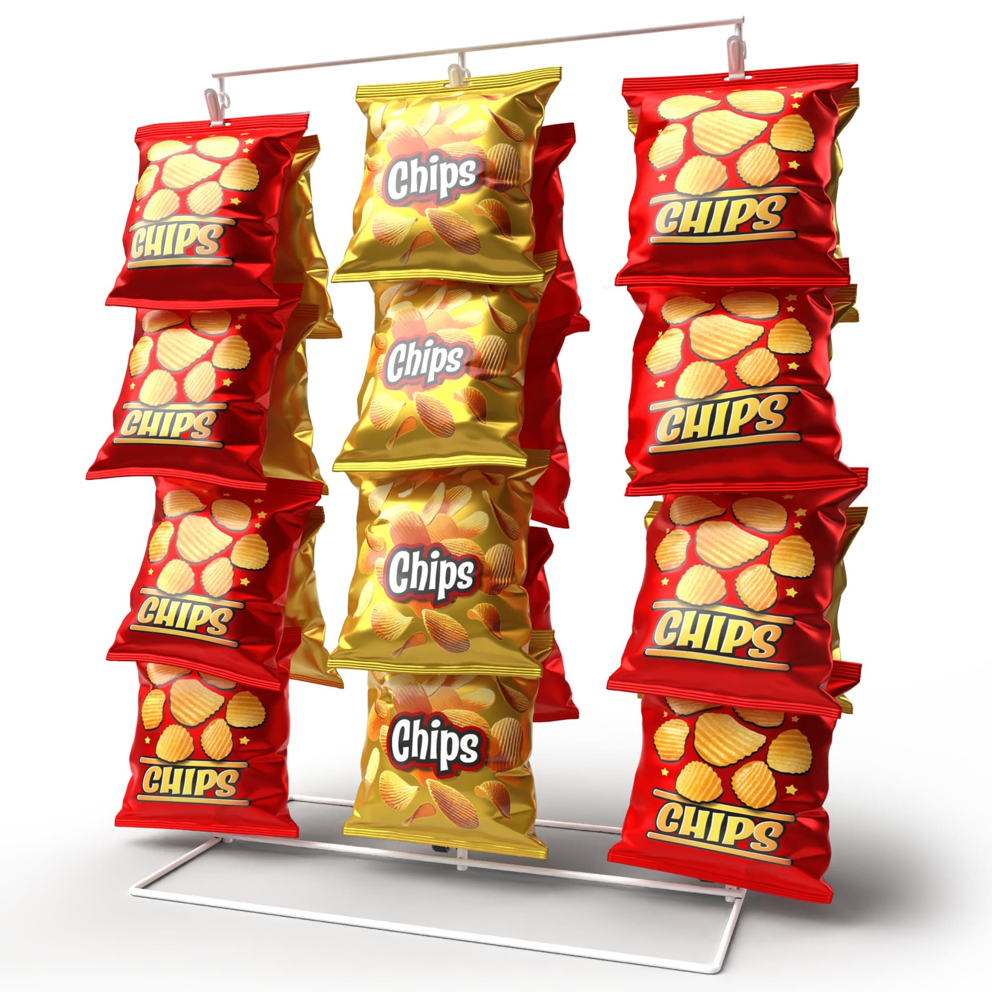 DS THE DISPLAY STORE White 3-Row Potato Chip Rack Display Stand with 39 Clips, Snack Retail Display Rack, Chip Stand Display for Party, Countertop Chip Bag Holder, Snack Display for Counter