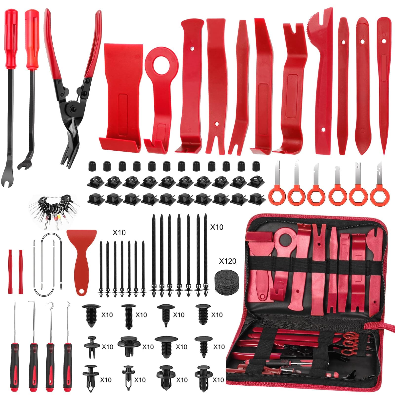 JNLK 352pcs Trim Removal Tool, Pry Tool, Door Panel Removal Tool Kit, Clip Tool, Fasteners Removal Tool with Car Retainer Body Clips Set, red