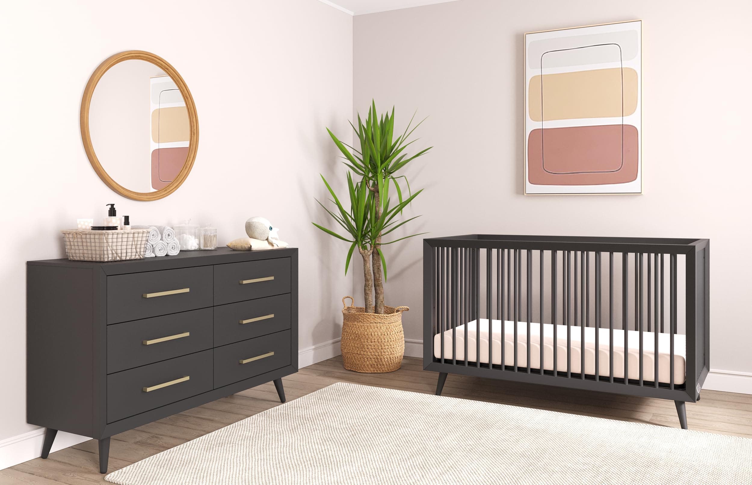 Child Craft Cranbrook Nursery Set, 2-Piece, Includes 4-in-1 Convertible Crib and 6-Drawer Double Dresser, Grows with Your Baby (Ebony)