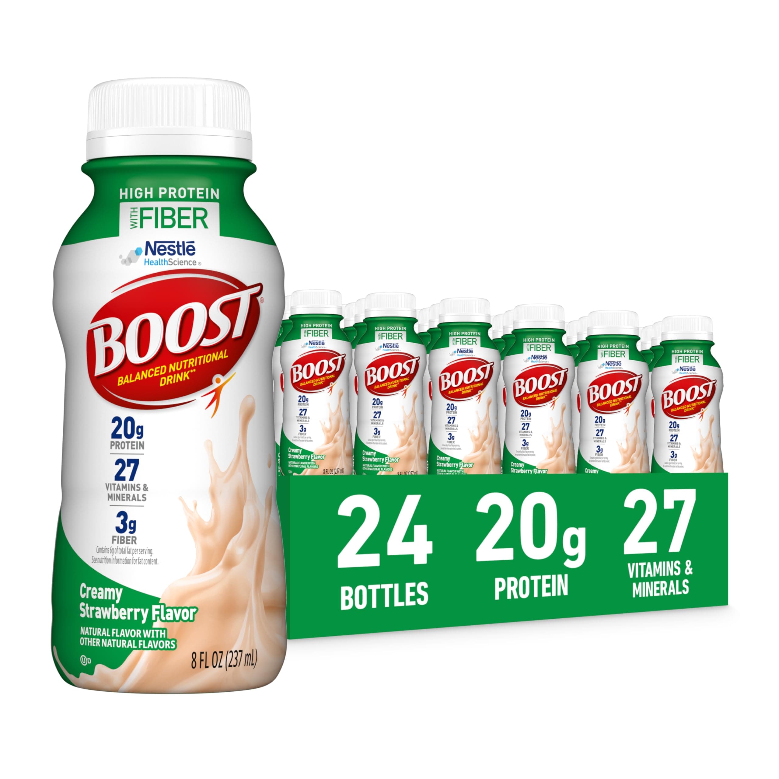 BOOST High Protein with Fiber Ready to Drink Complete Nutritional Drink, Creamy Strawberry, 8 fl oz Bottle, 24 Pack