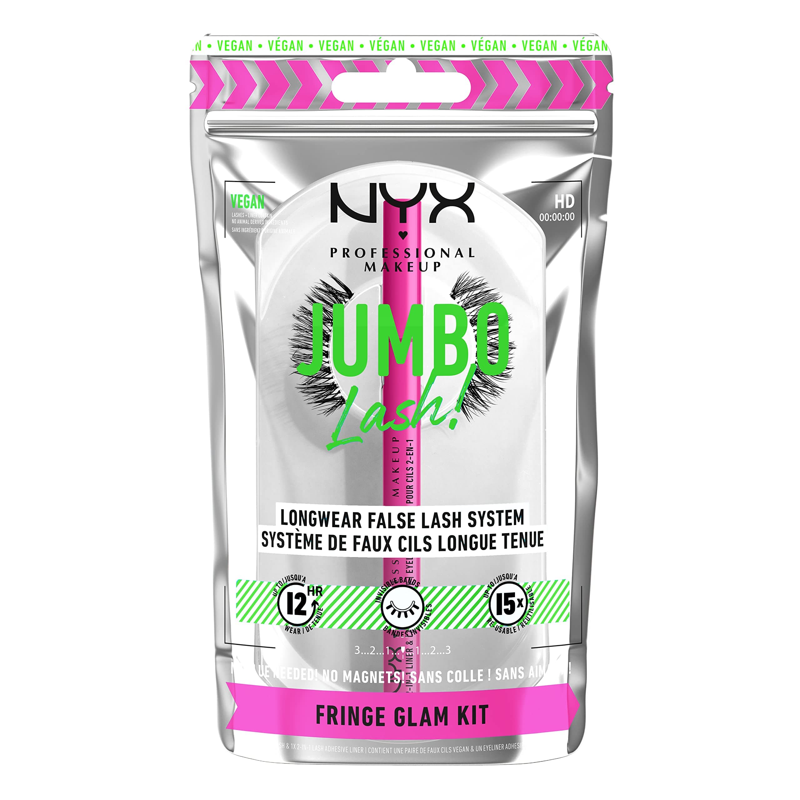 False Lash System, Long-lasting 12h Wear, Invisible Bands, Re-Usable Up to x15, Vegan Lashes, Jumbo Lash! Set, Fringe Glam Kit