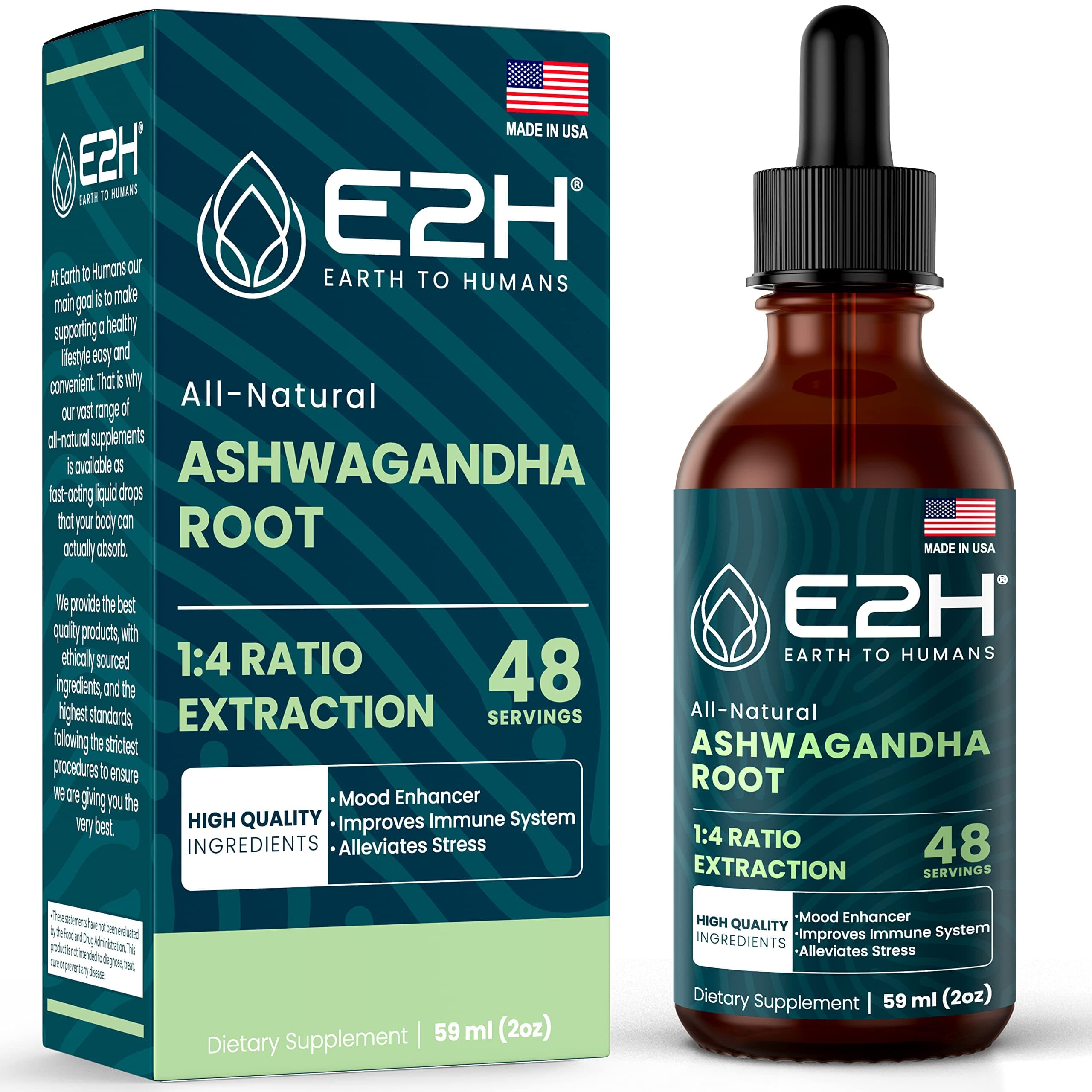 E2H Ashwagandha Liquid Drops - All-Natural Ashwagandha Supplement for Stress Relief and Mood Enhancer- Organic Ashwagandha Root Extract Effective Cortisol Manager | Non-GMO, Vegan | 2 Fl Oz