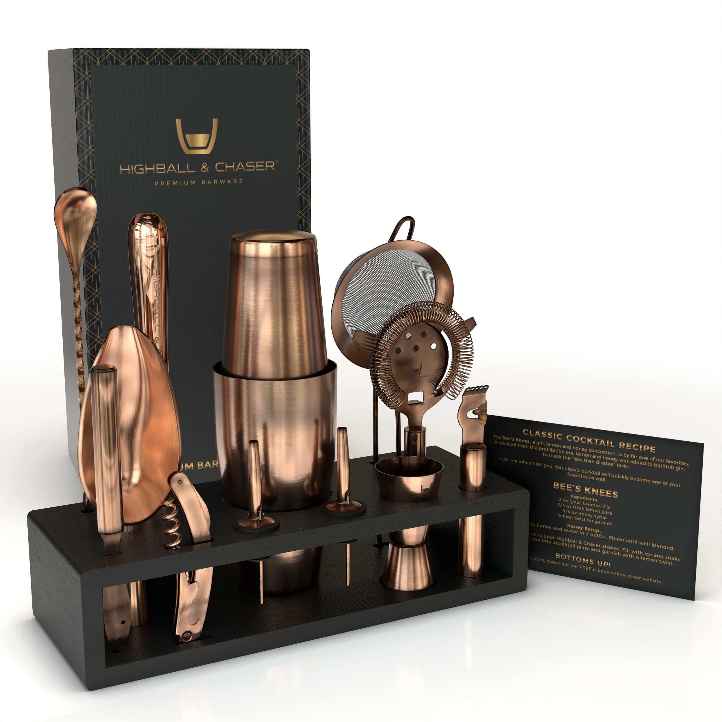 Highball & Chaser Bartender Kit with Black Bamboo Stand Beautiful Cocktail Shaker Set and Bar Tools Stainless Steel Boston Shaker Bartender Kit with Stand (Antique Copper)