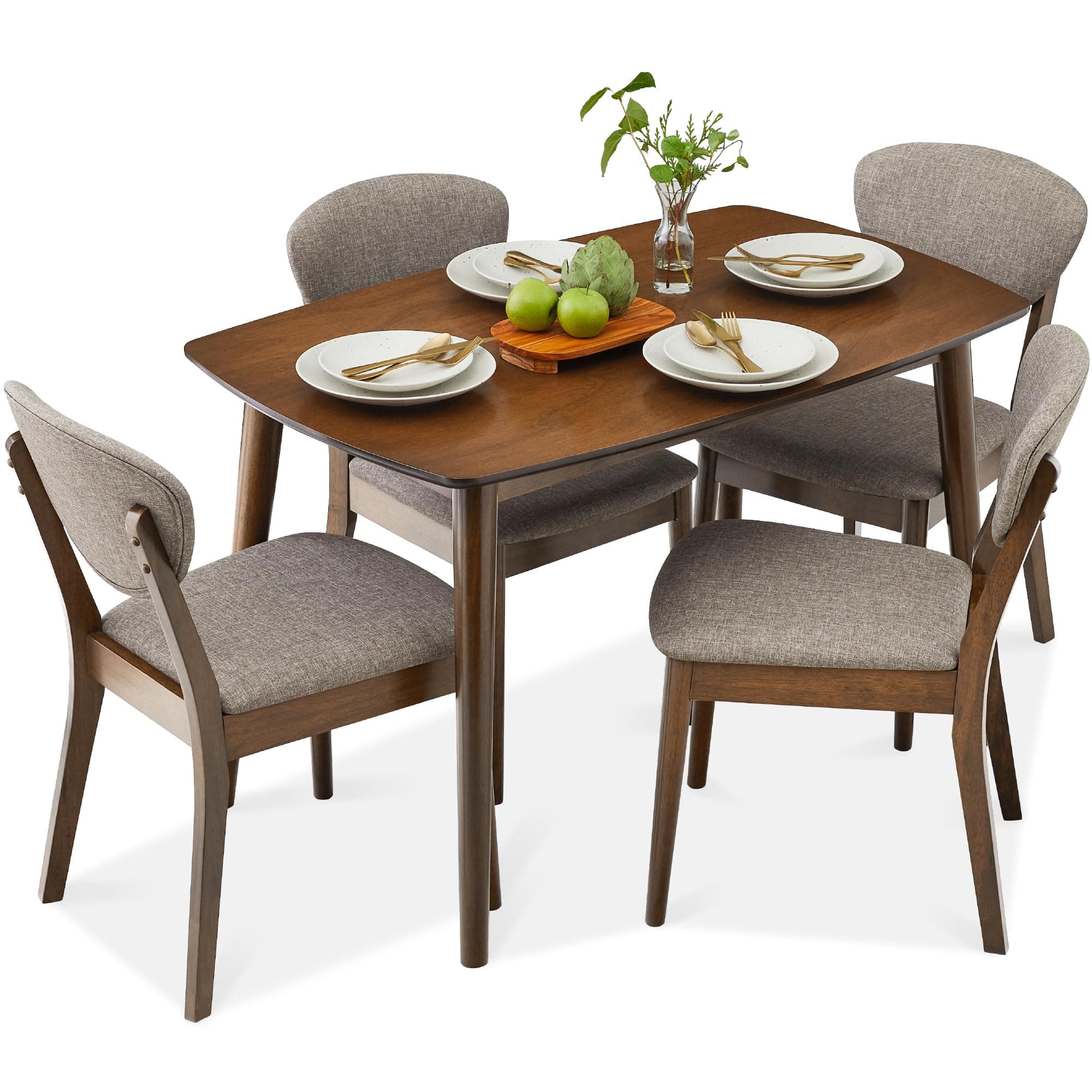 5-Piece Dining Set, Compact Mid-Century Modern Table & Chair Set for Home, Apartment w/ 4 Chairs, Padded Seats & Backrests, Wooden Frame - Walnut/Light Gray