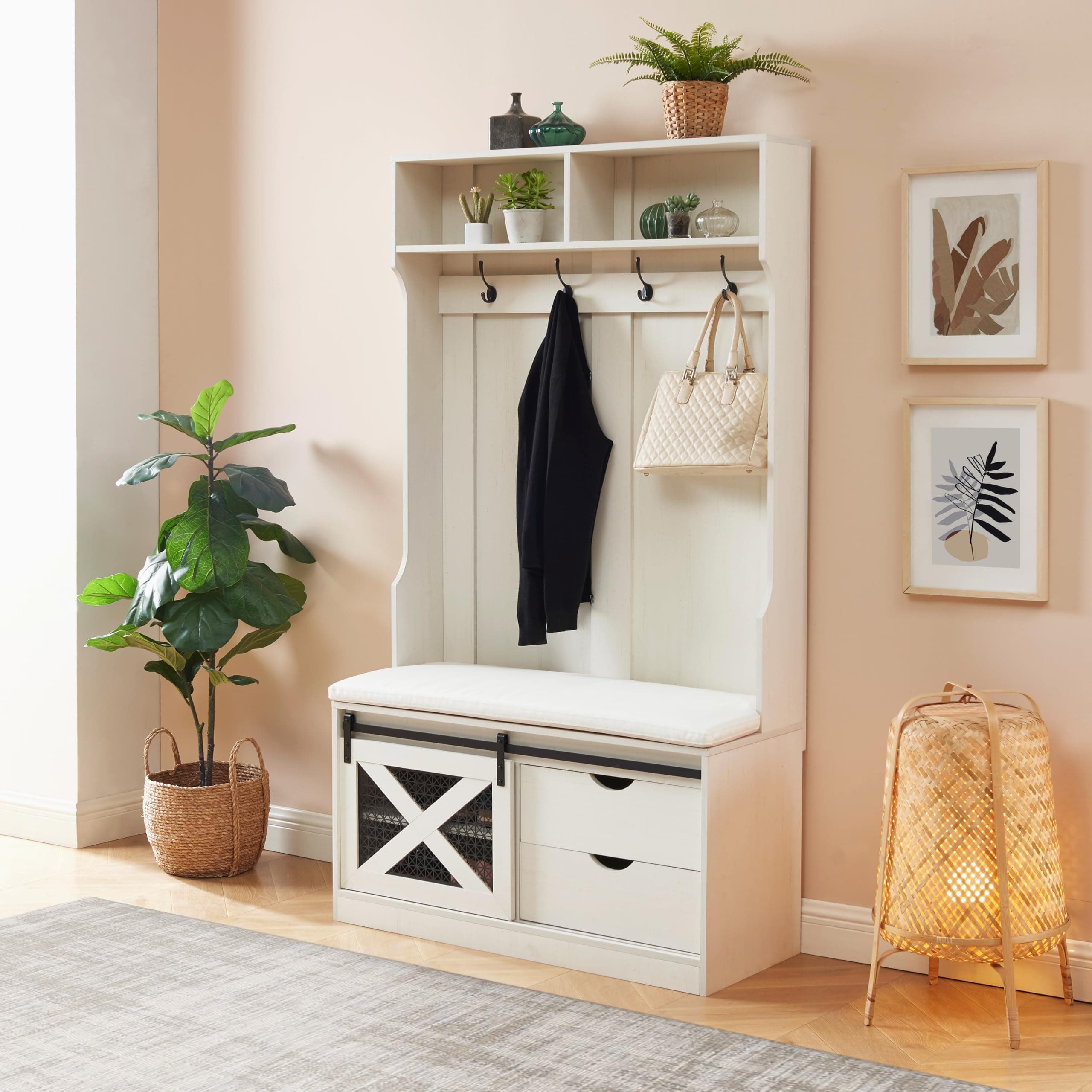 Edwin's Choice 71" H Entryway Hall Tree with Coat Rack and Storage Bench, Wood Coat Tree with Cushioned Stool and Hooks for Hallway, Living Room, Mudroom (Antique White)