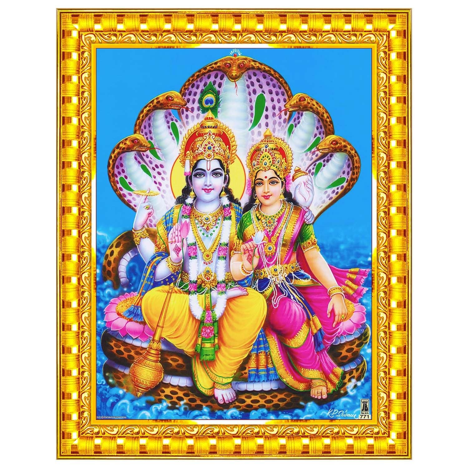 Lord Vishnu Dev Lakshmi Devi Laxmi Narayan Ji Wall Painting Framed Home Decor (Wood,Acrylic,Gold,Small Size,6x8 Inch) R584S