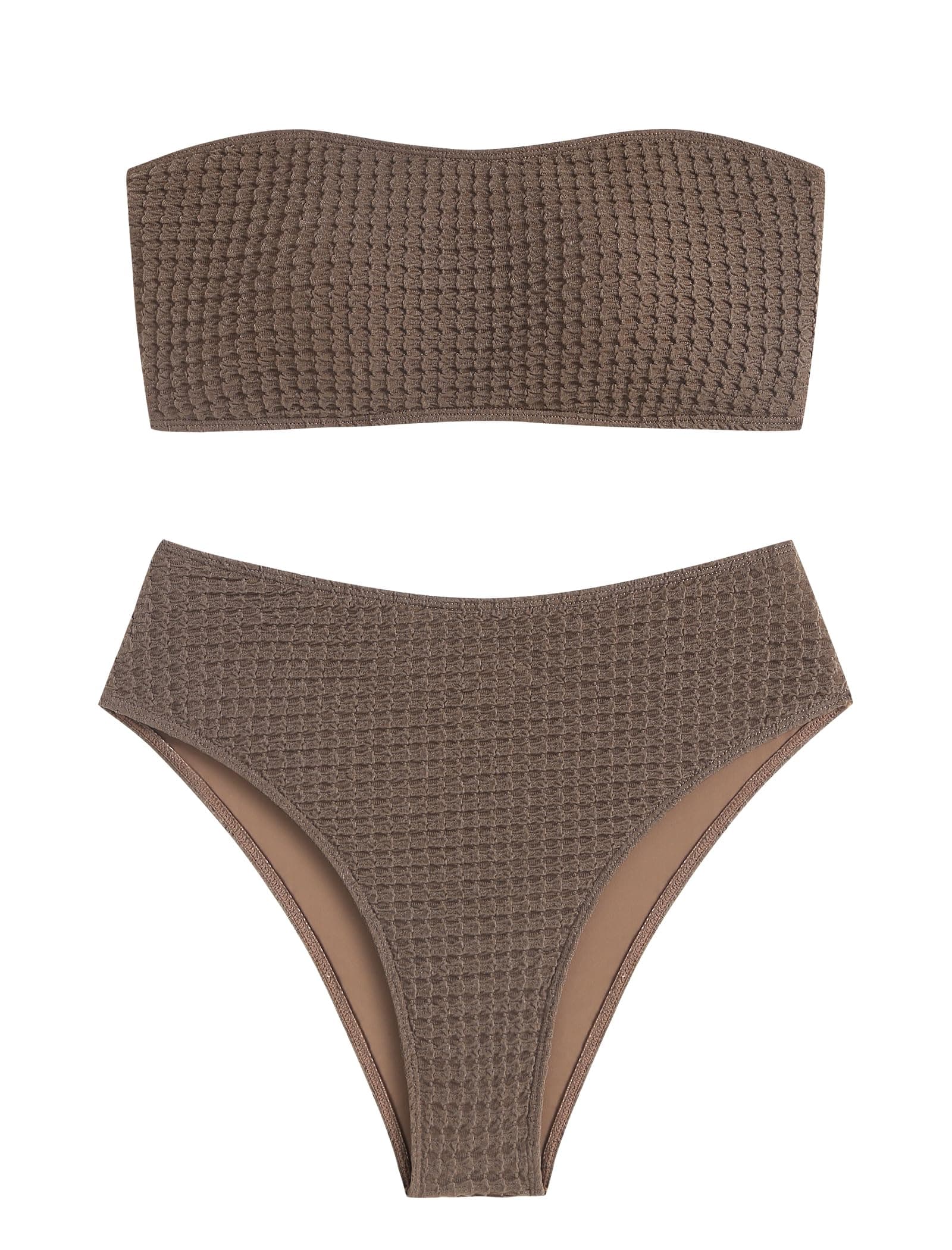 ZAFULWomen's High Cut Bandeau Bikini Set Strapless Solid Color 2 Pieces Bathing Suit Swimsuit