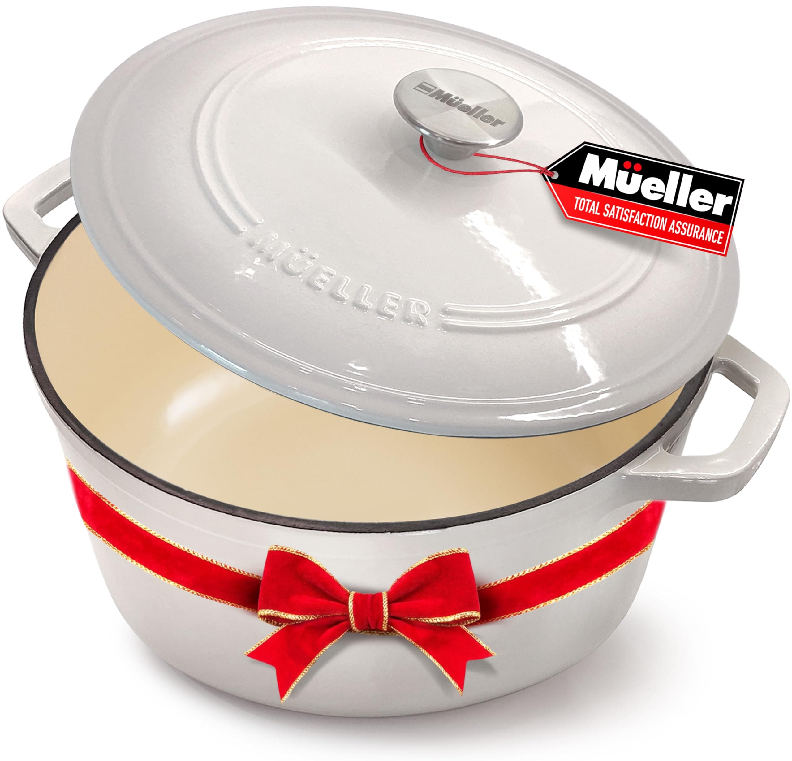 Mueller Cast Iron Dutch Oven Pot with Lid, 6 Quart Enameled, Dual Handles, Stainless Steel Knob, Stew Pot, Induction Pot - For Braising, Roasting, Baking, Cast Iron Bread Pan with Lid, White