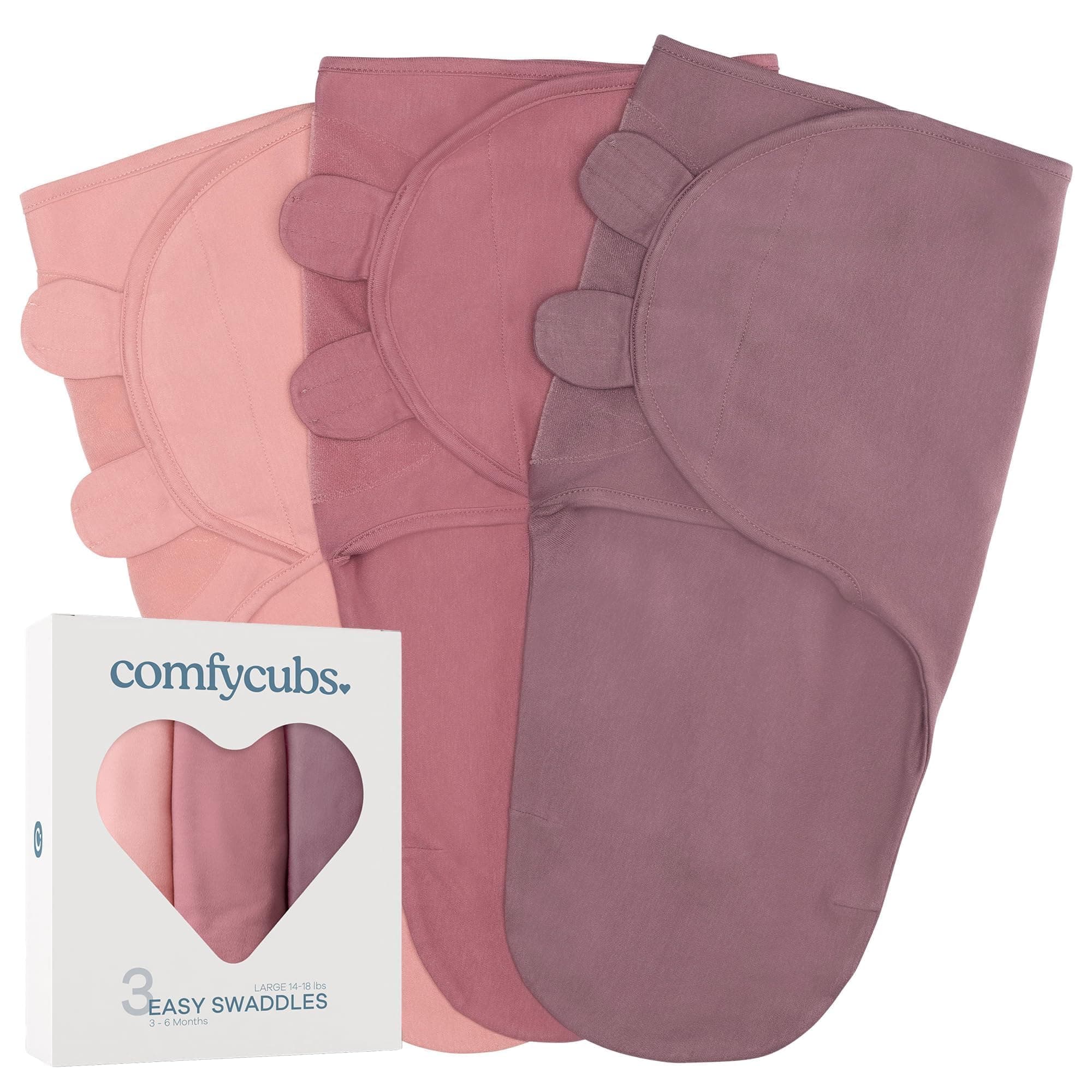 Comfy Cubs Easy Swaddle Blanket, 3 Pack - 100% Cotton Newborn Wrap, Large for 3-6 Months Infants, Breathable and Durable Sleep Sack for Babies - Blush, Mauve & Mulberry