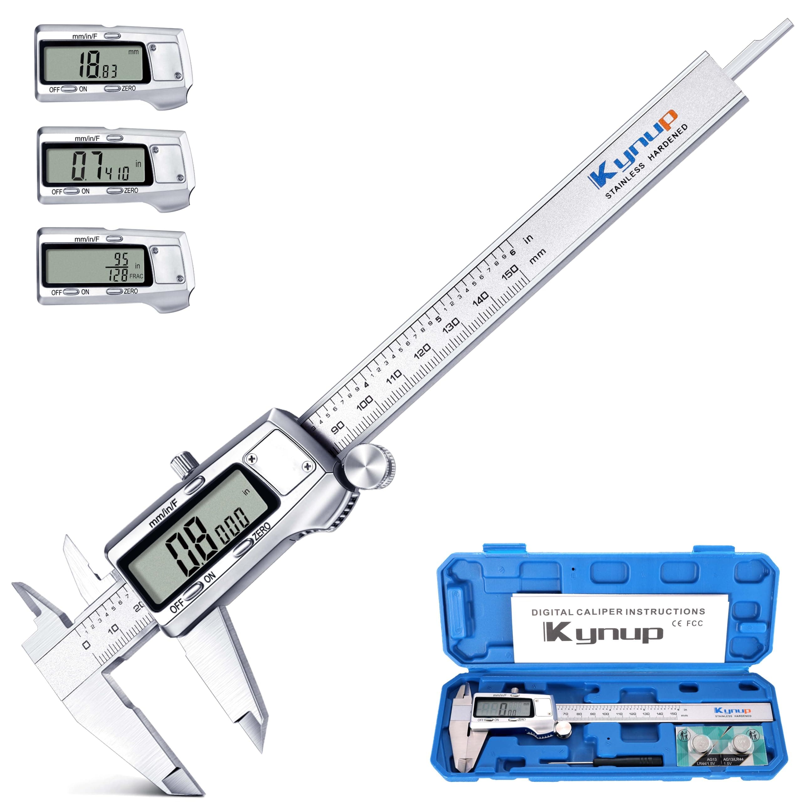 Digital Caliper, Caliper Measuring Tool, Micrometer Dial Vernier Caliper with Large LCD Screen, Full Turn Off, Stainless Steel, Switch from Inch Metric Fraction (6Inch/150MM)