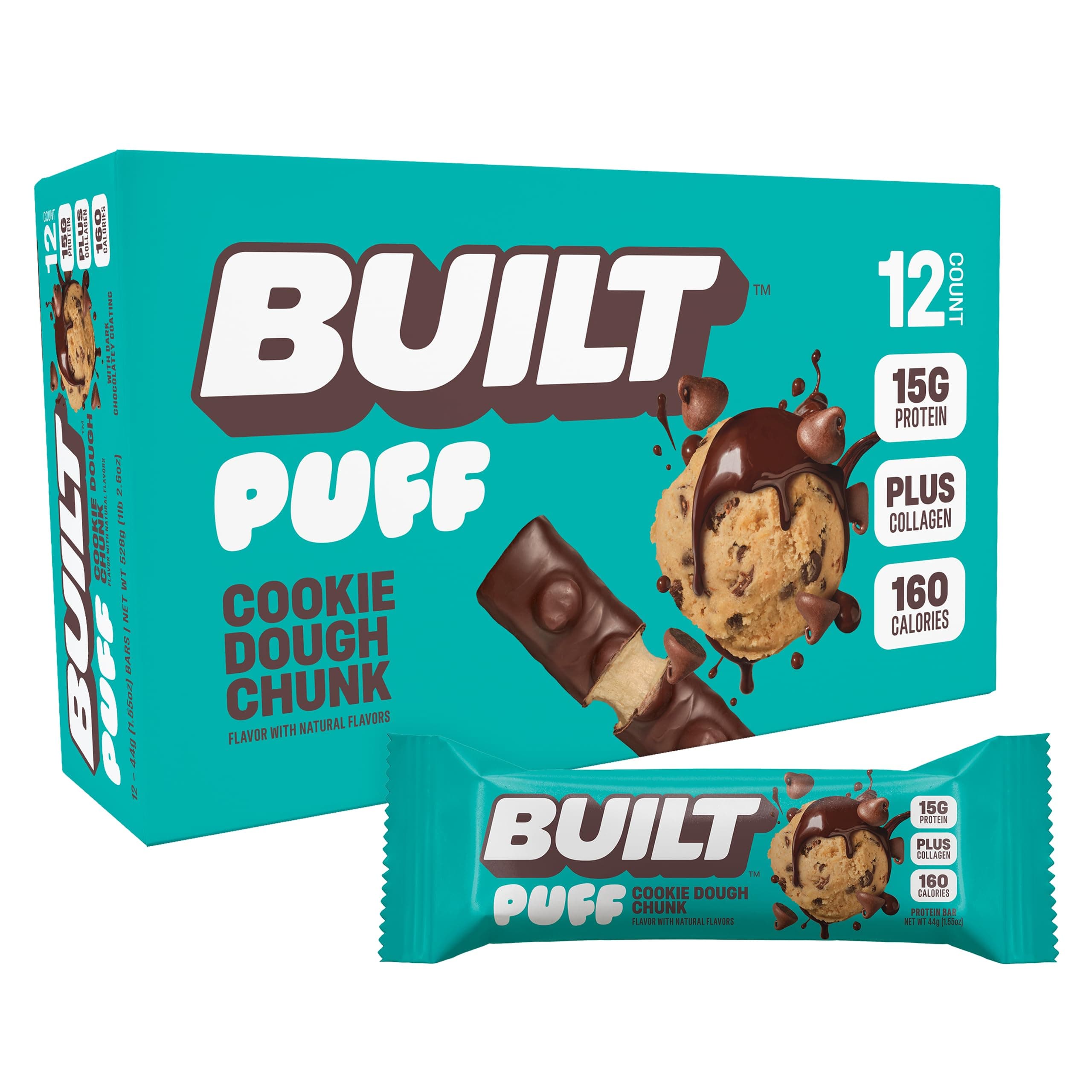 BUILT Bar Puff Protein Bars - Cookie Dough - 15g Protein Snack Bars with Collagen - Calorie Conscious, No Gluten Free - 12 Count