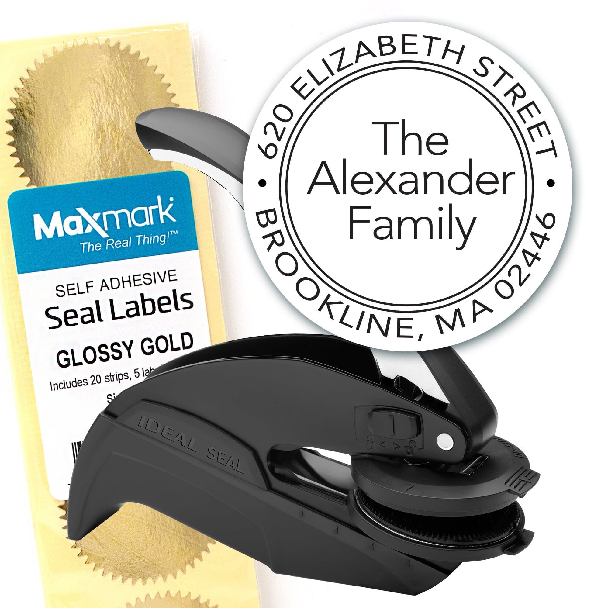 Custom Monogram Address Embosser - Personalized Round Seal with 50 Gold Seal Labels - Style EM029