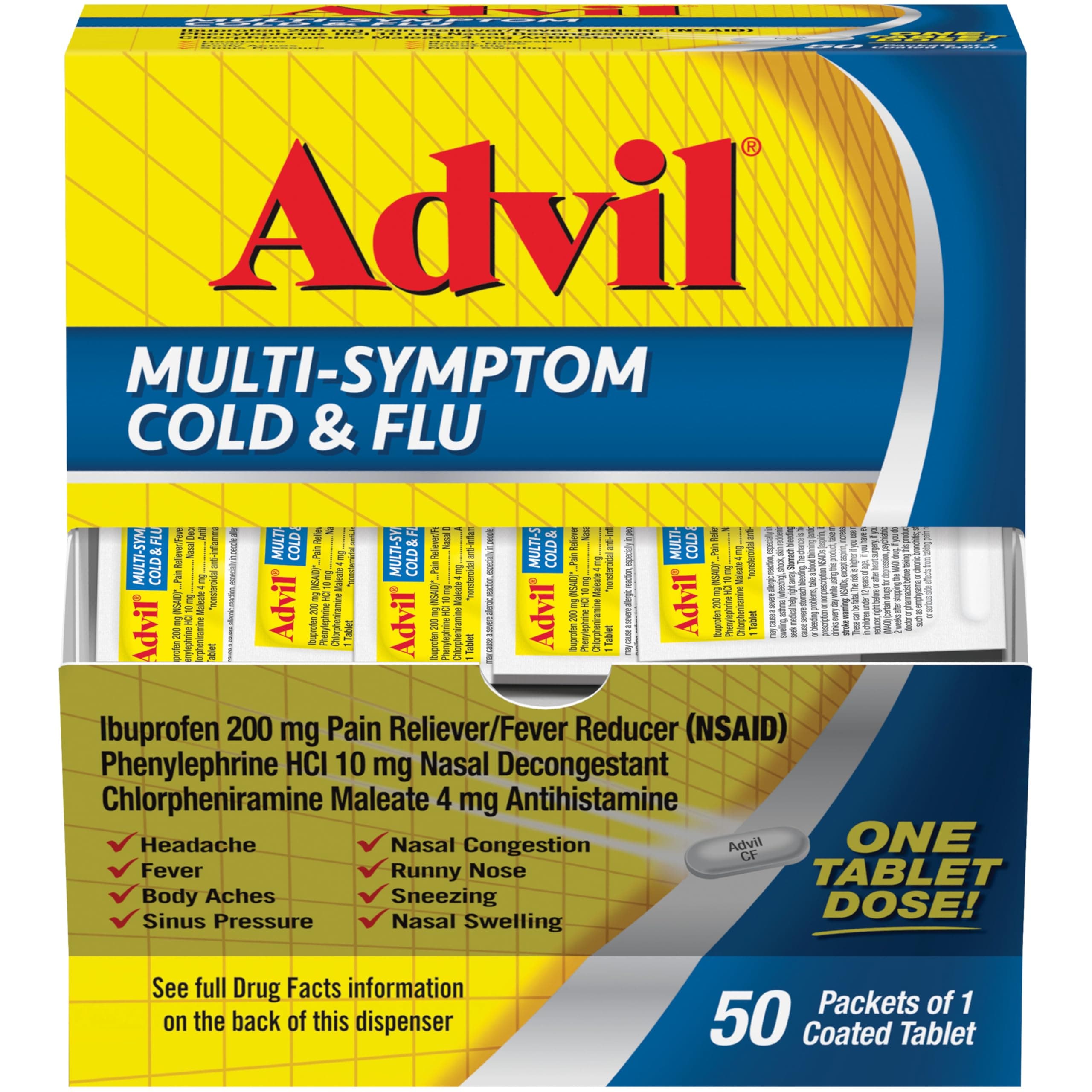 Advil Multi Symptom Cold and Flu Medicine, Cold Medicine for Adults with Ibuprofen, Phenylephrine HCL and Chlorpheniramine Maleate - 50 Coated Tablets