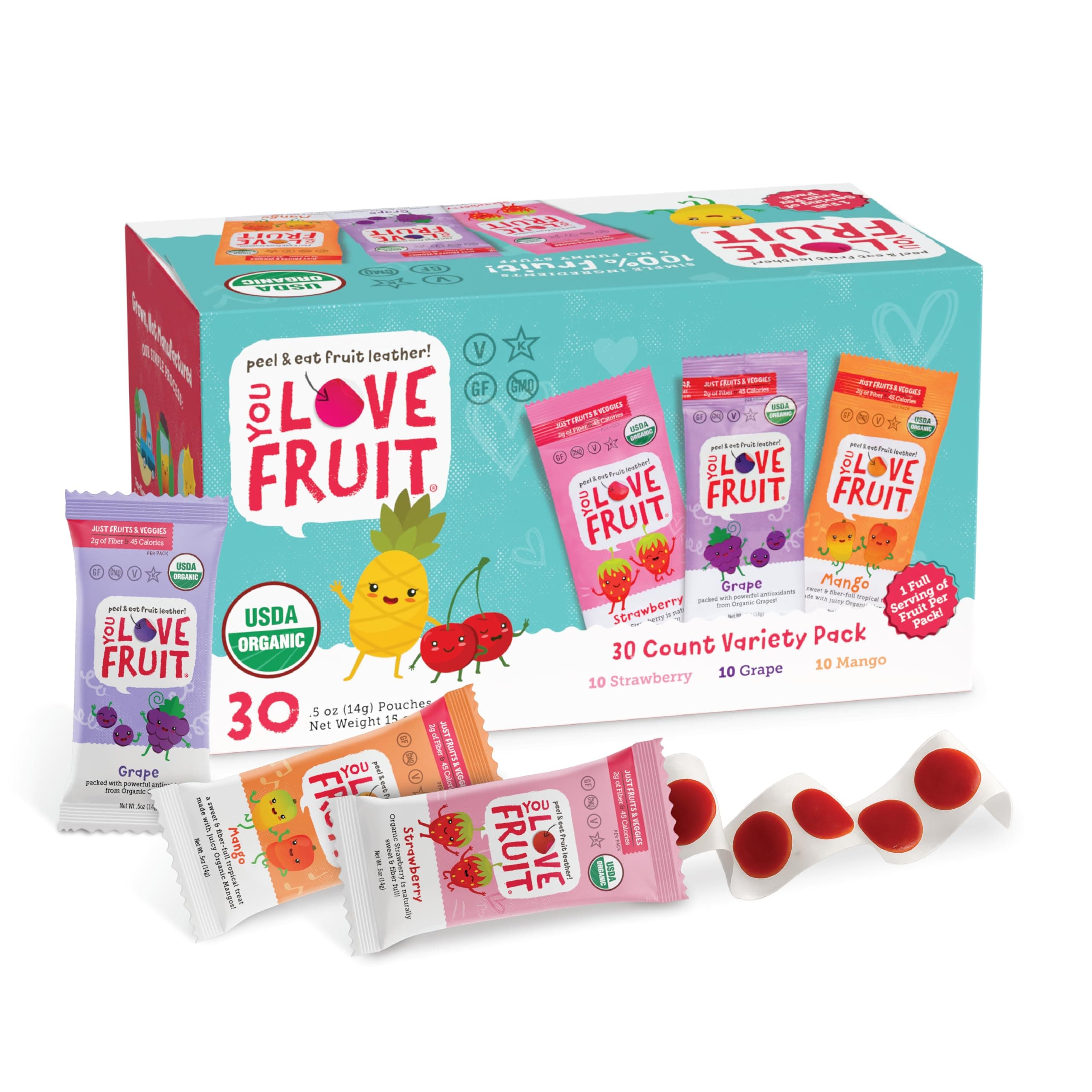 YOU LOVE FRUIT - Fruit Snacks Variety Pack 30 count, 100% Natural Gluten-Free, Vegan, Low Carb, Low Fat Fruit Kosher Snacks for Kids, College Students, Teachers and Offices, Healthy Fruit Snacks (Strawberry, Grape, Mango)