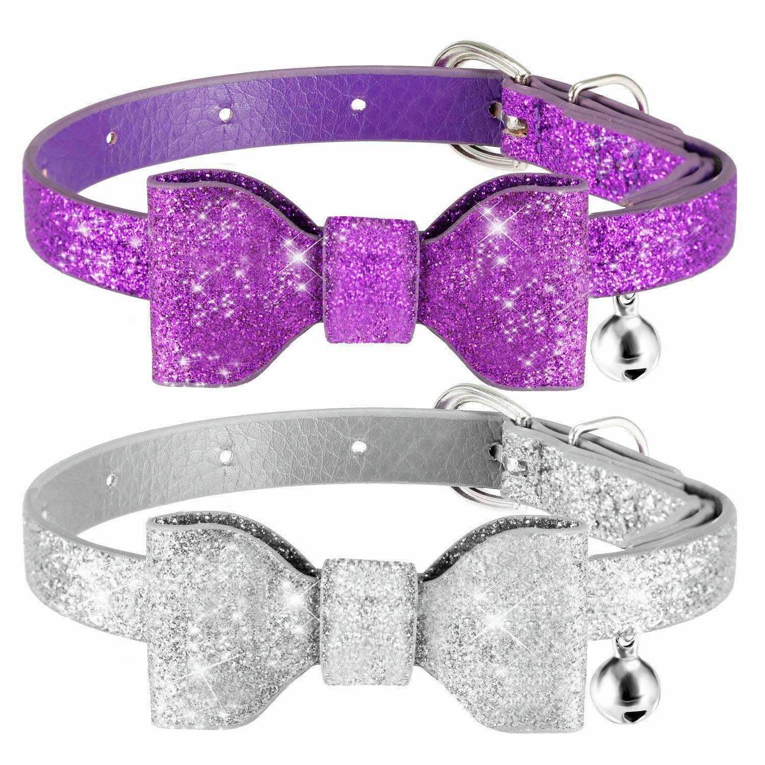 Cat Collars Adjustable Length Leather Safety Cat Collar with Elastic Belt and 7-10Inch (Purple&Silver, Solid)
