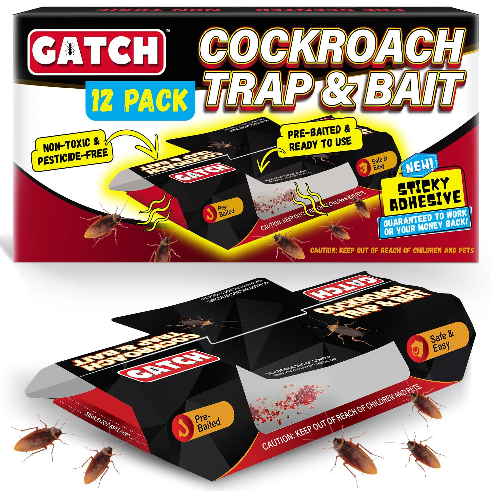 GATCH Roach Traps Indoor (12 Pack), Sticky Baited Cockroach Traps, Roach Killer Indoor Infestation, Adhesvie Glue Traps for Roaches, Insects, Home Bug Ant Spider Cricket, Child & Pet Friendly