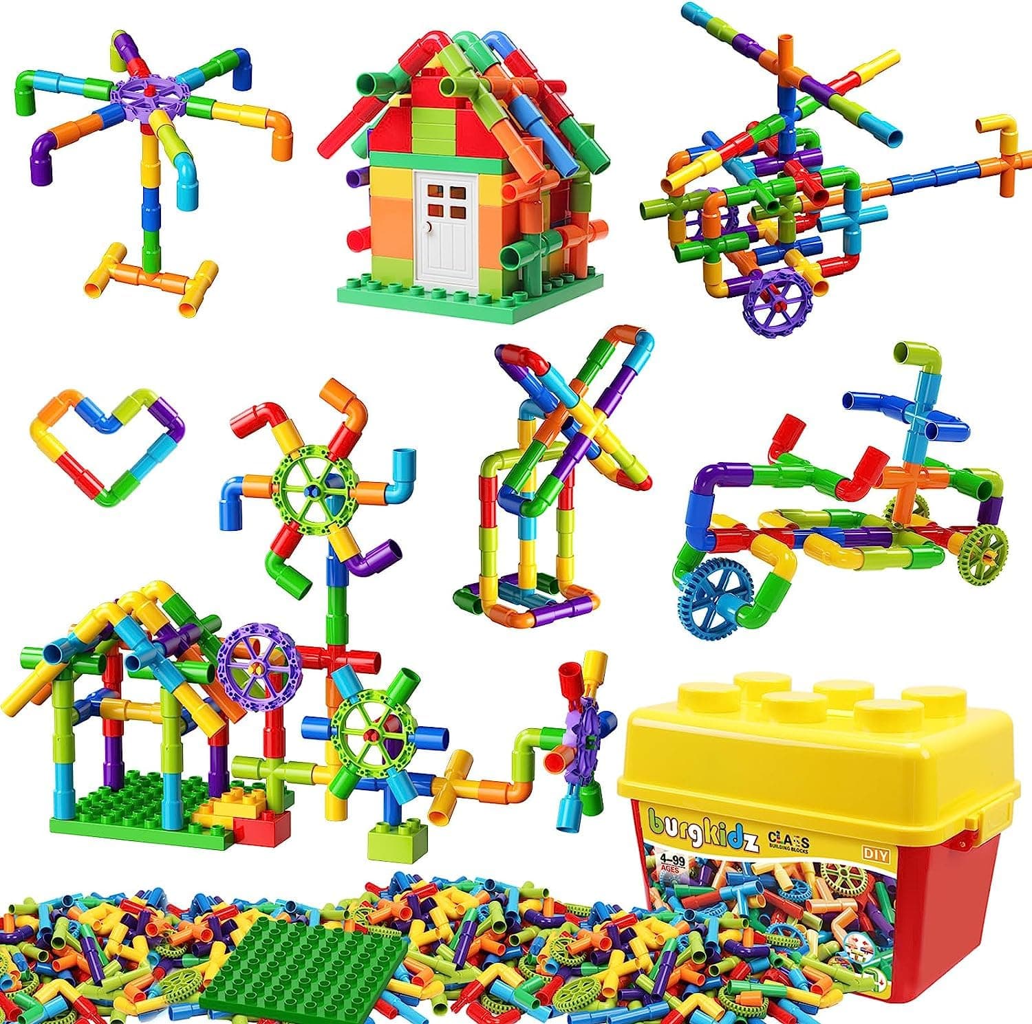 188 Piece Pipe Tube Toy, Sensory Water Tube Locks Construction Building Blocks, Educational Building Learning Toys with Wheels and Baseplate for Kids Boys Girls Age 3+