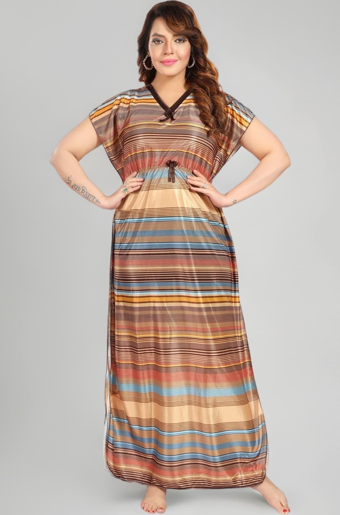 Fabme Women's Printed Satin Kaftan Nighty, Maxi