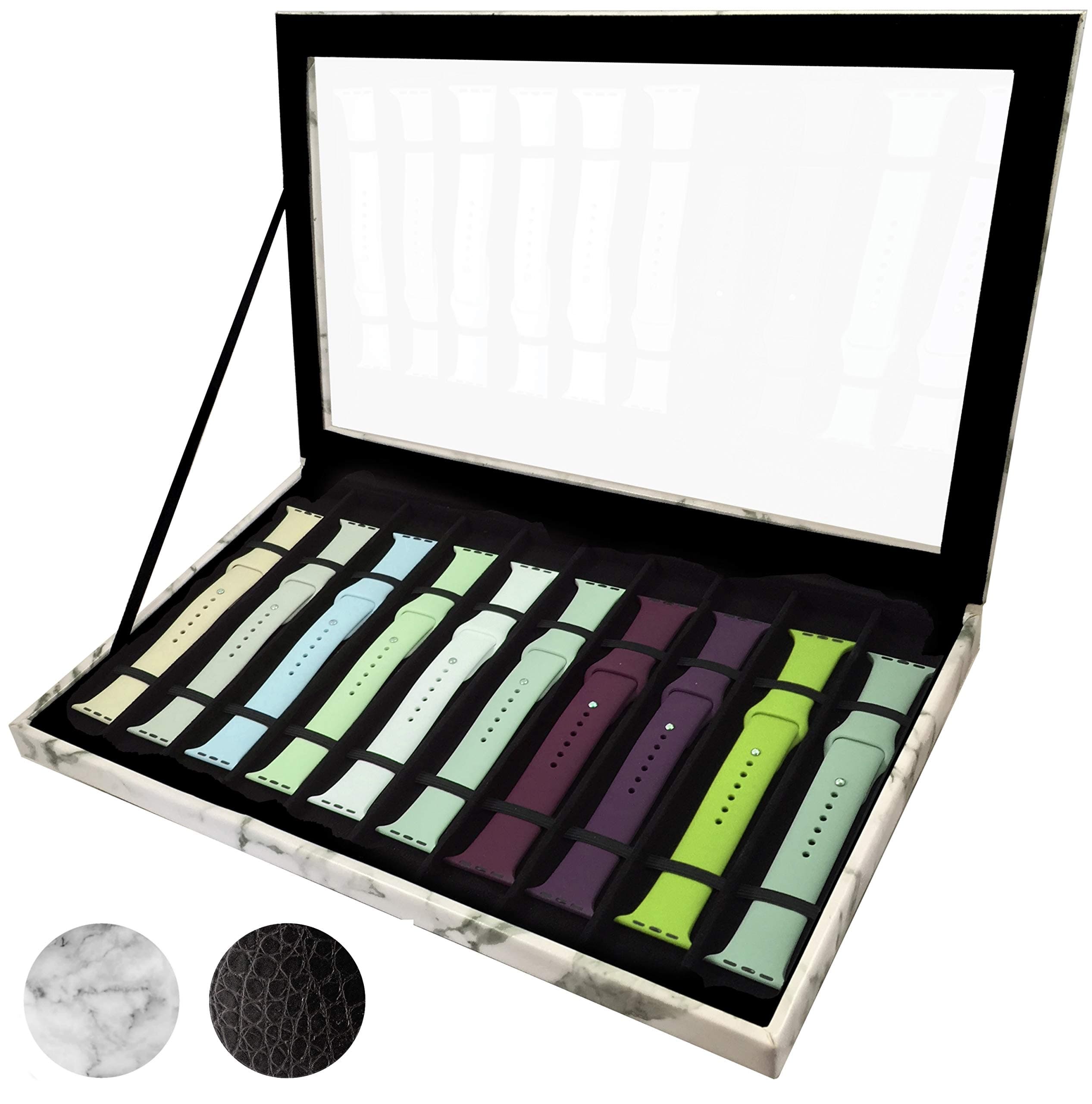 Zero Mass Luxurious Velvet & Leatherette Storage Case Organizer for Apple Watch Bands, Stores 10-20 Smartwatch Straps (White Marble)