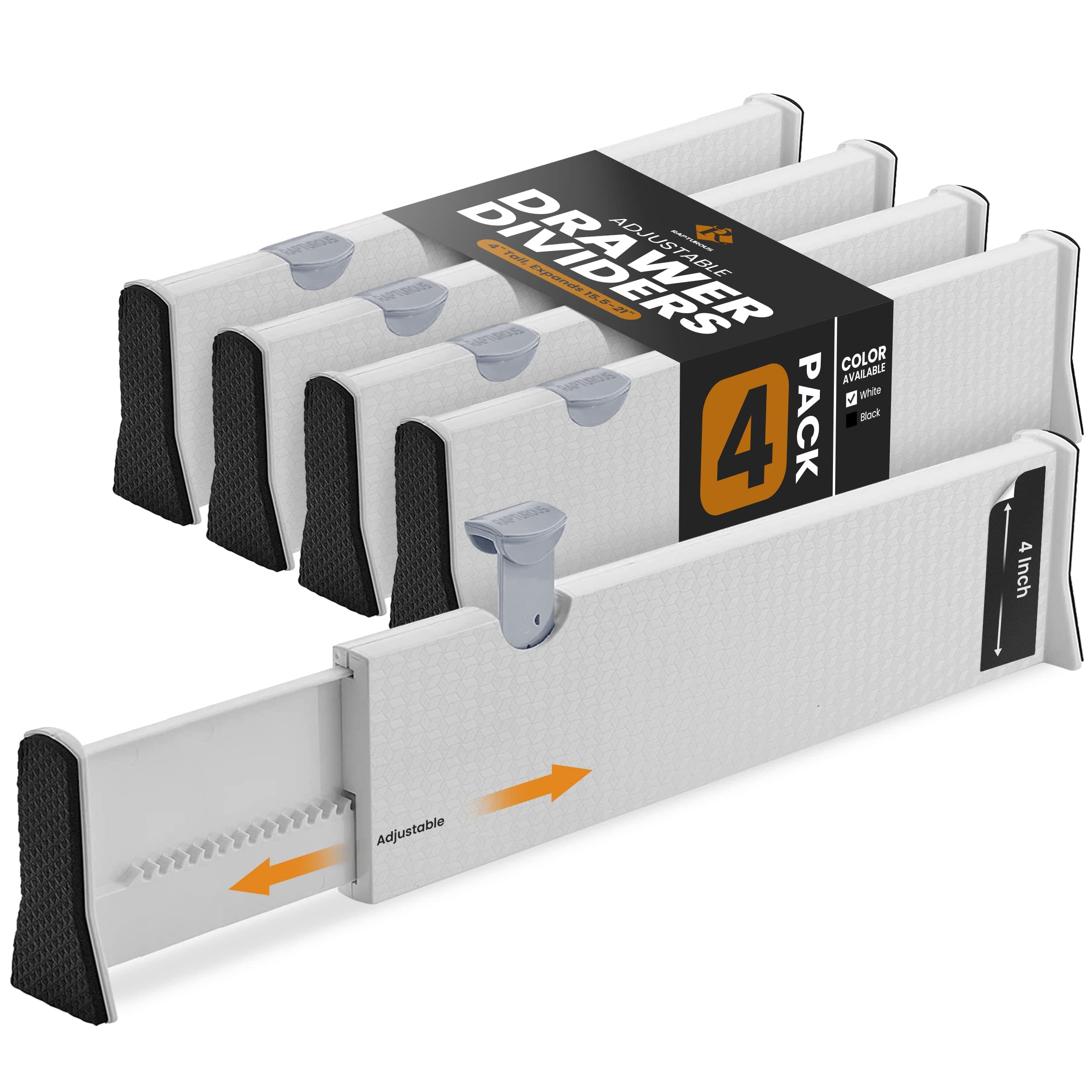 RAPTUROUS Adjustable Drawer Dividers 4 Pack, 4” High, 15.5-21” Long, Dresser Drawer Divider for Bedroom, Closet, Kitchen, Nursery Organization, Office, Strong & Sturdy Hold, Soft Foam Edges(White)