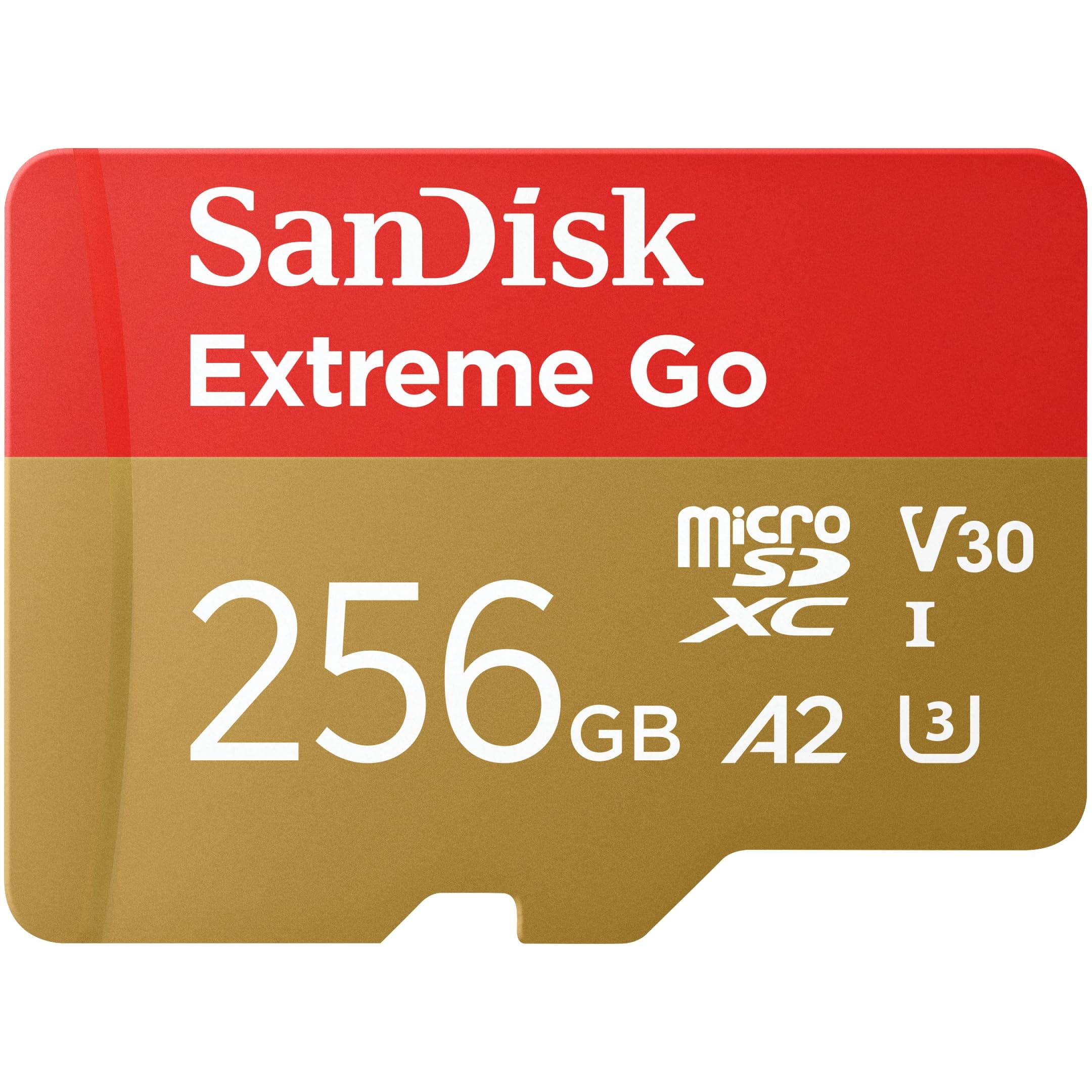 SanDisk Extreme Go micro SDXC card + SD adapter 256GB (For Android Devices, Gaming Consoles, Drones, Action Cams, UHS-I, up to 200 MB/s, V30, 5K, 4K, UHD, Rescue PRO, Class 10, U3) For Amazon