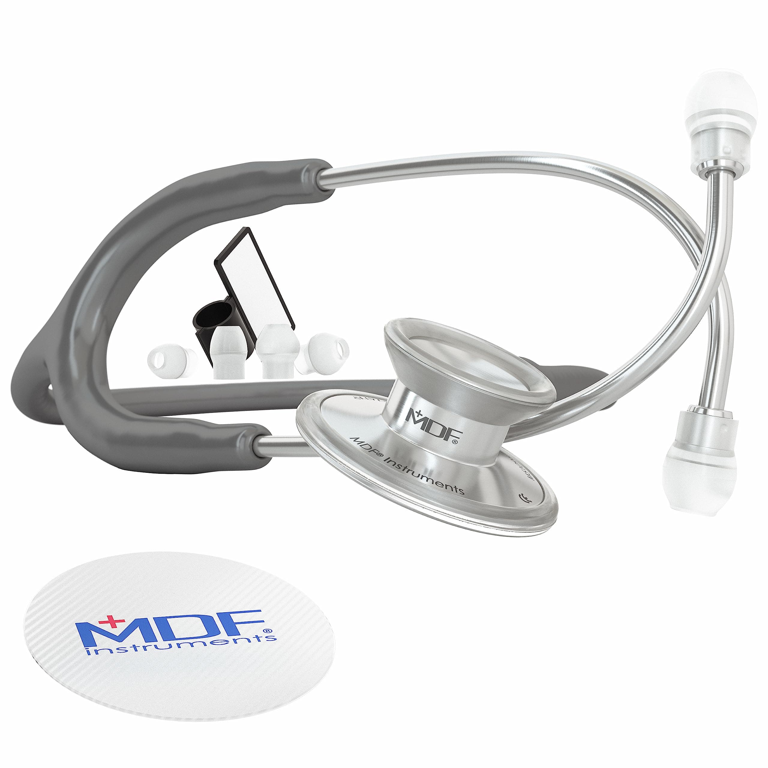 MDF Instruments, Acoustica Lightweight Stethoscope for Doctors, Nurses, Students, Home Health Use, Adult, Dual Head, Grey Tube, Silver Chestpiece-Headset, MDF747XP12
