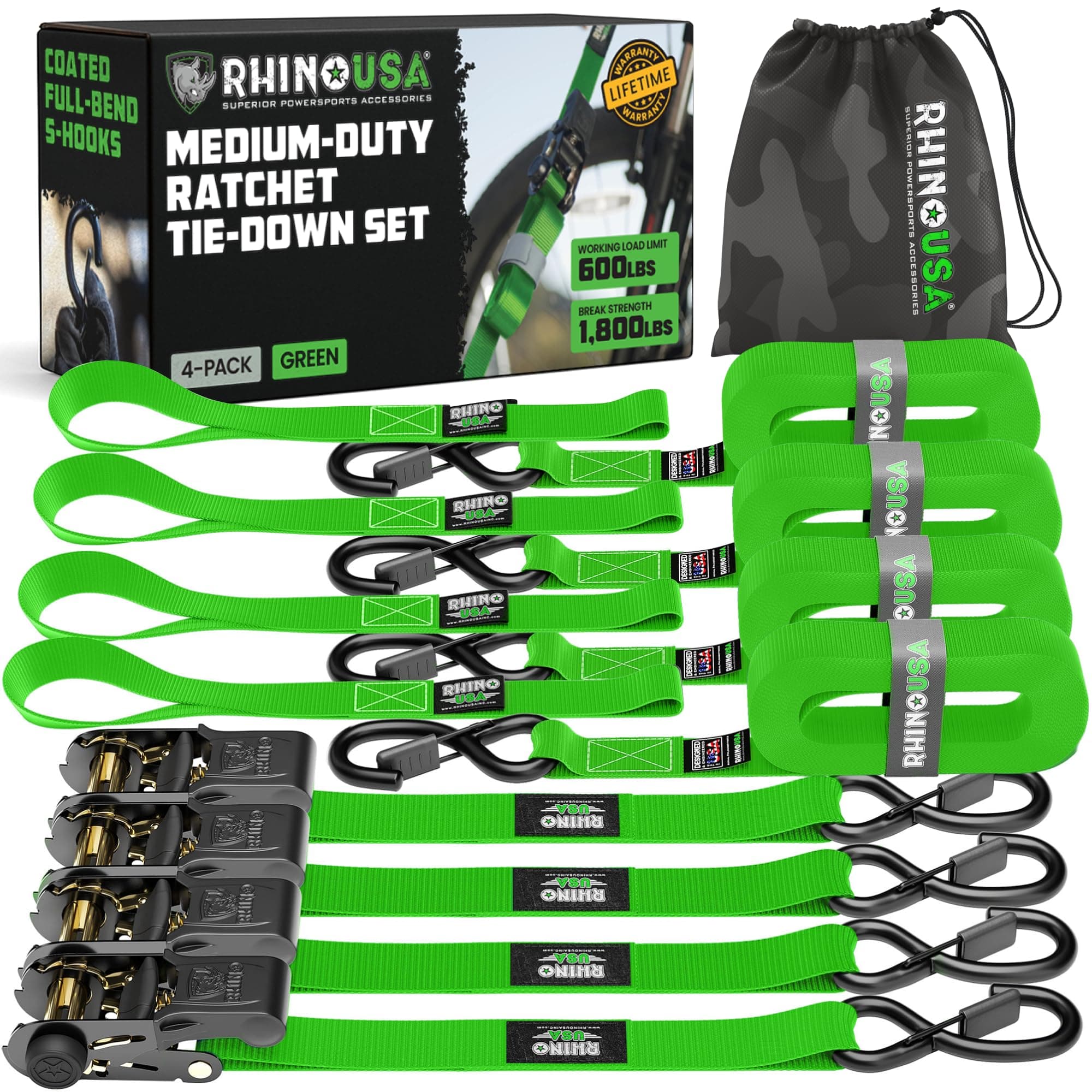 Ratchet Straps Tie Downs (4-Pack) - 1 Inch x 15 Feet (1,823lb Break Strength) - Ultimate Tie Down Straps with Safety S Hooks - for Trucks, Cargo, Moving, Appliances - Green