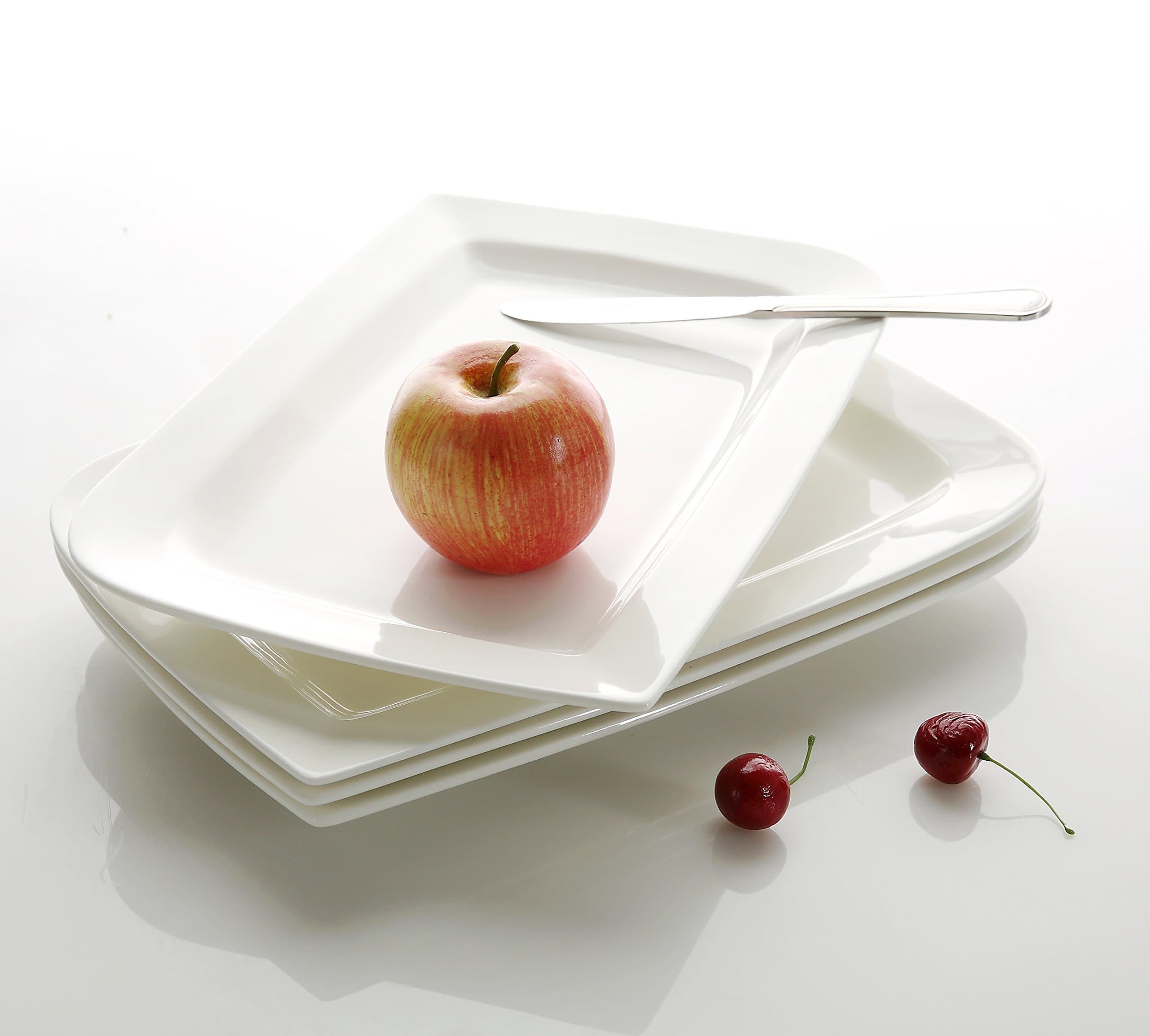 vepen, 4-Piece Wave Shape Cream White Porcelain Ceramic Dinner Plate Set with 13.25" Rectangular Plate