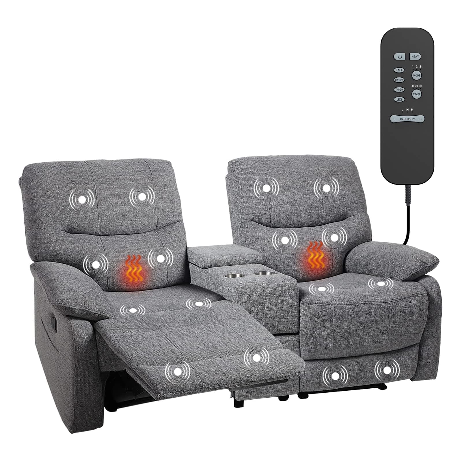 Reclining Sofa, Double Reclining Loveseat with Console, 2 Seater Sofa Home Theater Seating, Fabric Recliner Sofa Couches with Storage and Cup Holders (Gray)