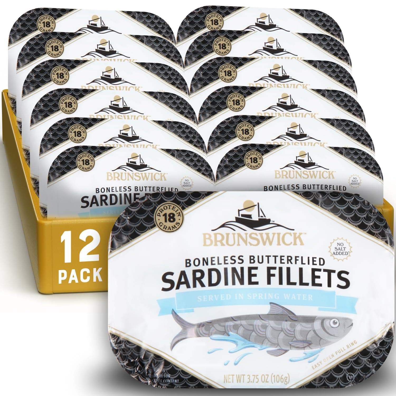 Sardines in Spring Water, 3.75 oz Can (Pack of 12) - Boneless Butterflied Sardine Fillets - Wild Caught - 18g Protein per Serving - Gluten Free, Keto Friendly
