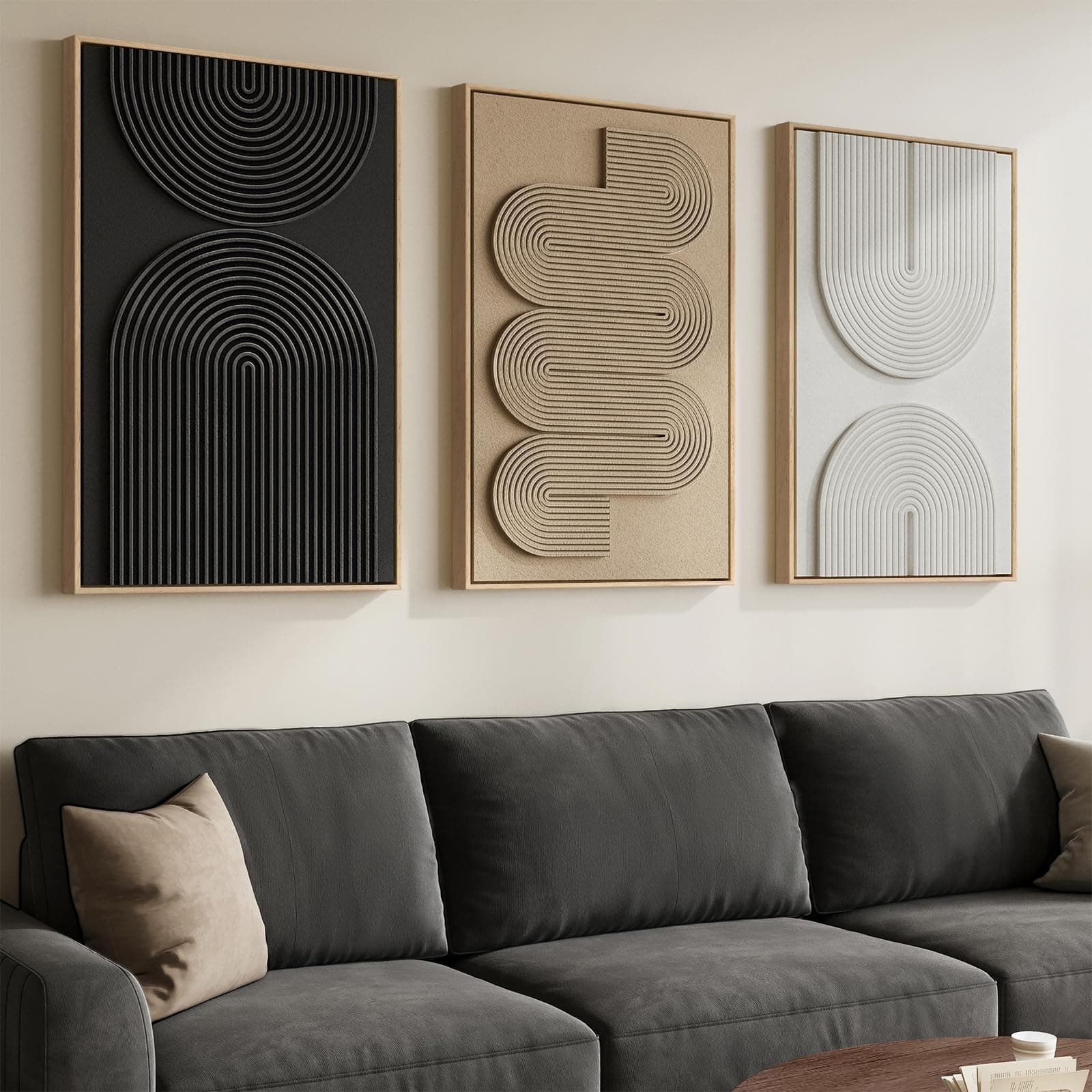 Large 3D Textured Framed Boho Neutral Abstract Wall Art, Set of 3 Modern Paintings Artwork for Walls, Black White Brown Minimalist Geometric Pictures for Living Room, Entryway, Dining Room Wall Decor