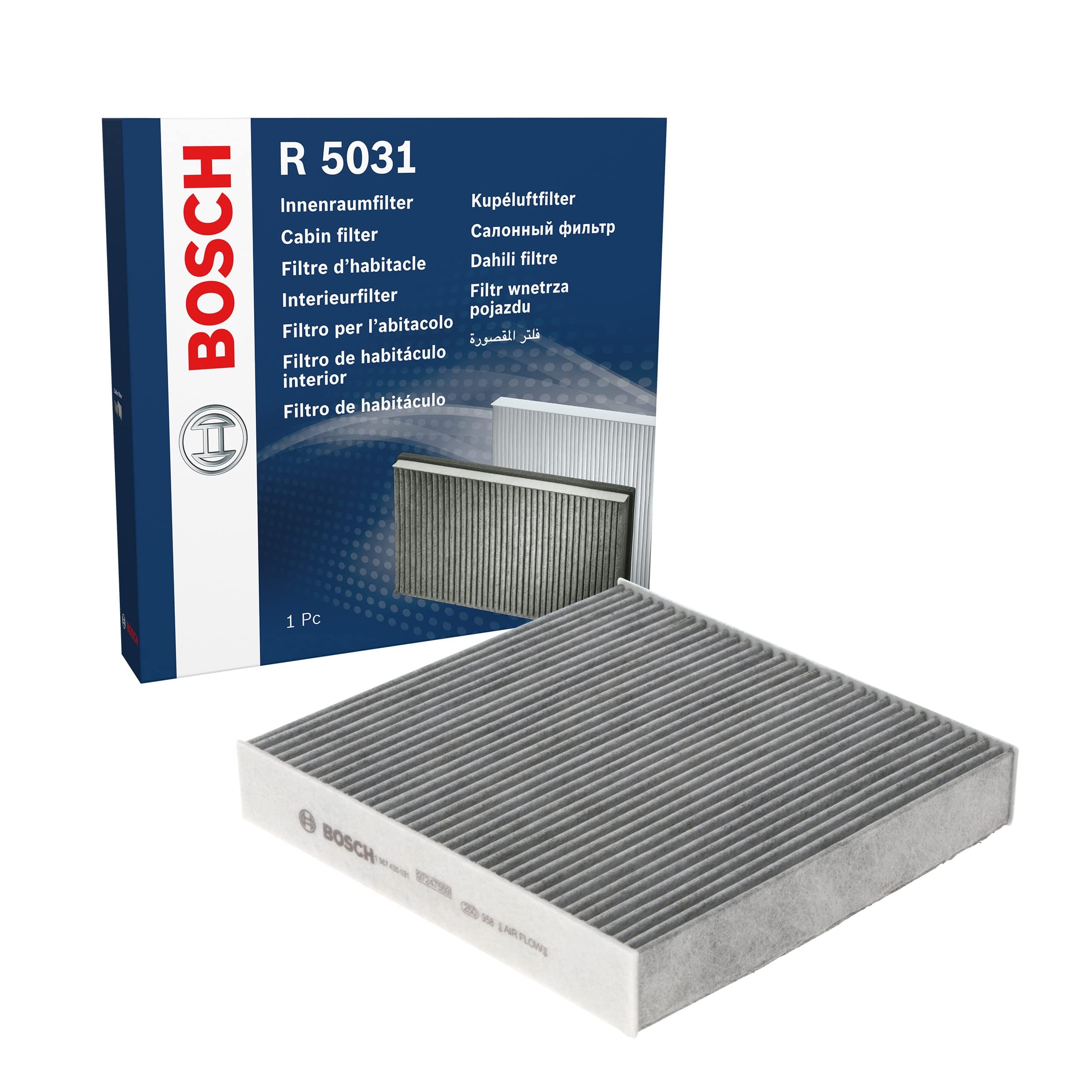 Bosch R5031 Activated Carbon Cabin Filter, Replacement Filter - Against Unpleasant Smells, Pollen and Dust for Cleaner Air Inside the Vehicle