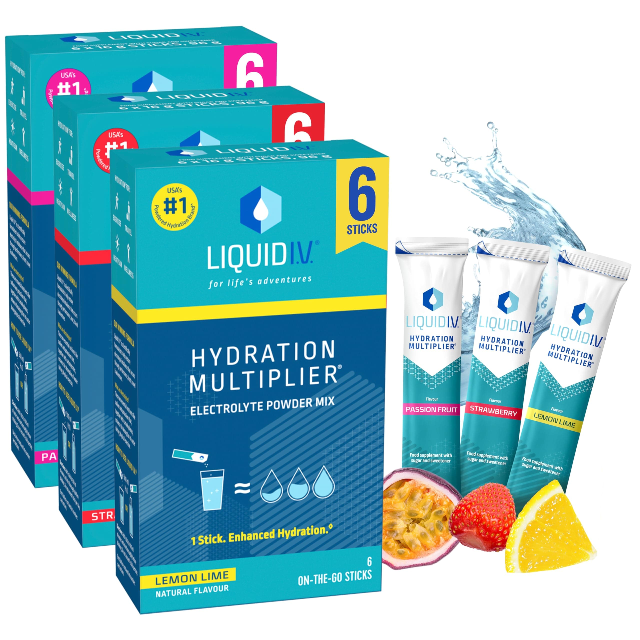 Liquid I.V. Hydration Sachets | Lemon Lime + Passion Fruit + Strawberry | Electrolyte Powder Mix | 3 Pack (18 Sticks) | 7 Vitamins and Minerals | Vegan