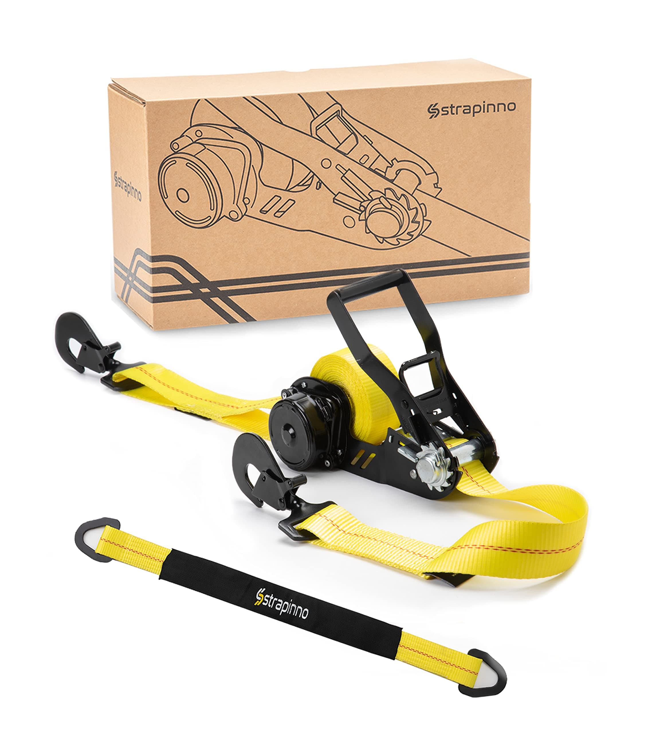 StrapinnoRetractable Ratchet Tie-Down Strap 2in x 16ft Heavy-Duty with Snap Hooks, 10,000lbs Breaking Strength, 3,333lbs Working Load Limit, Includes 36in Axle Strap (1 PC)
