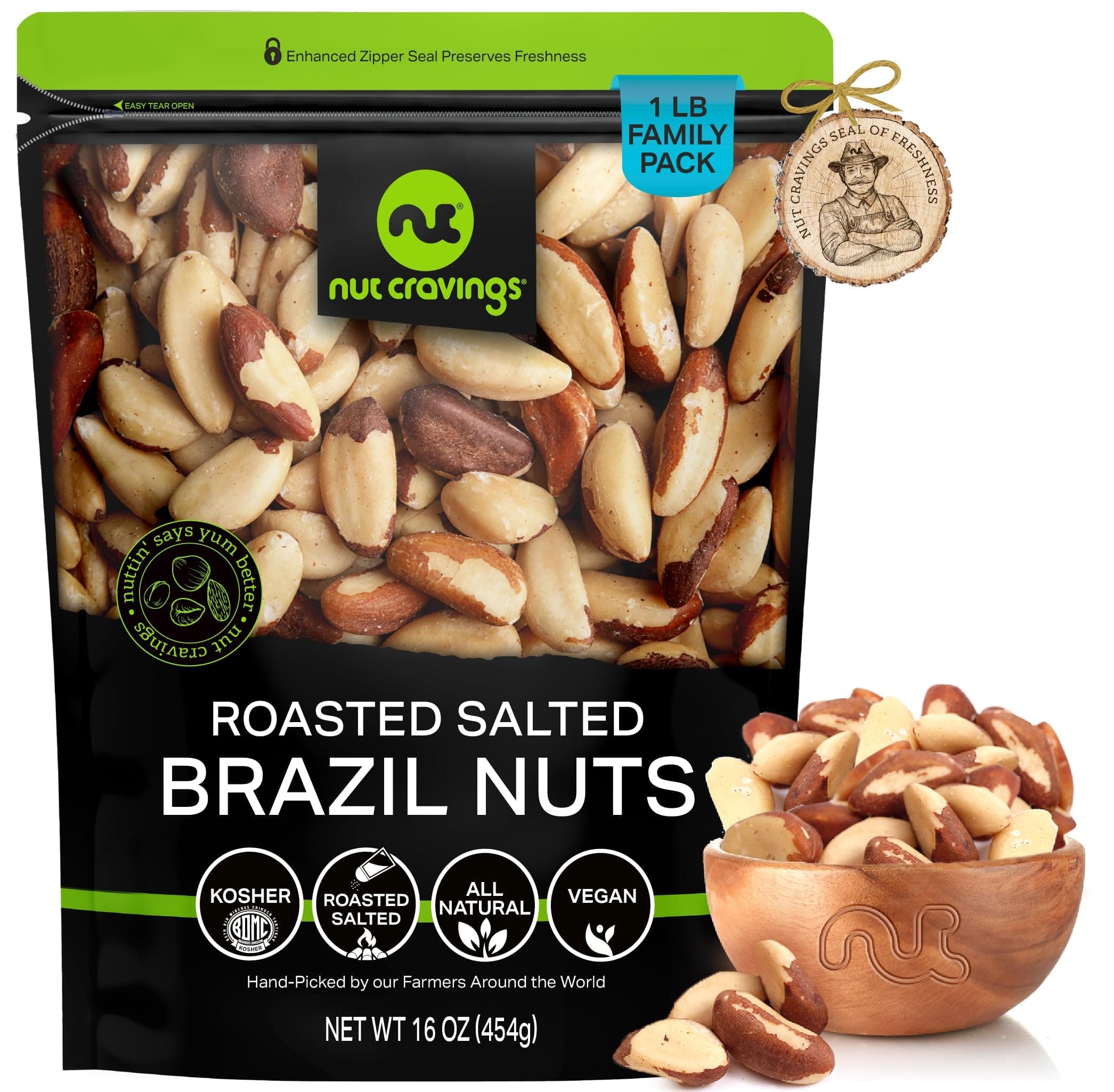 NUT CRAVINGS - Brazil Nuts Roasted & Salted - No Shell, Whole (16oz - 1 LB) Bulk Nuts Packed Fresh in Resealable Bag - Healthy Protein Food Snack, All Natural, Keto Friendly, Vegan, Kosher
