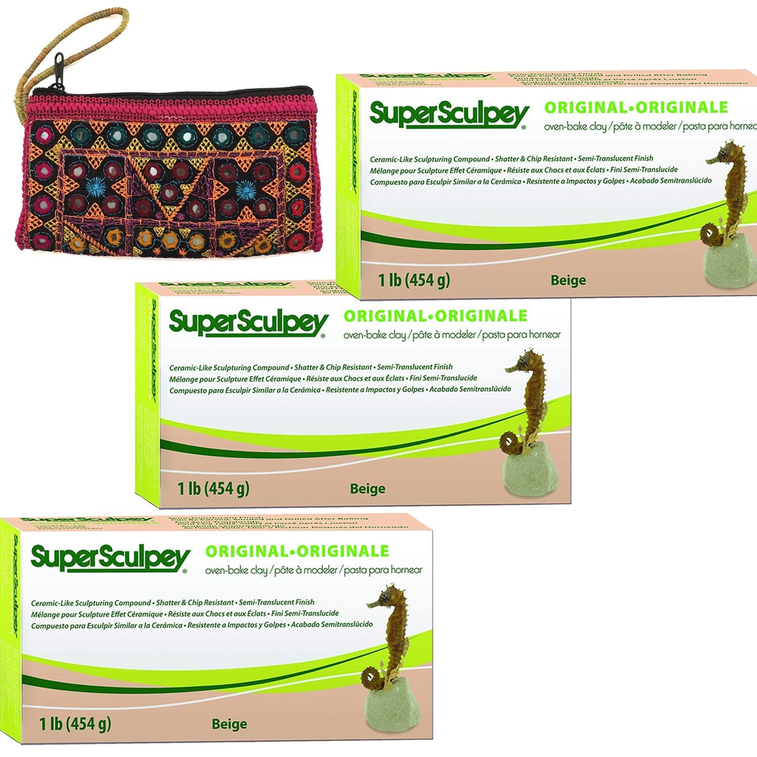 Super Sculpey Polymer Clay - 1 lb/454 g, Beige (Pack of 3 with Free Handmade Clutch Bag)