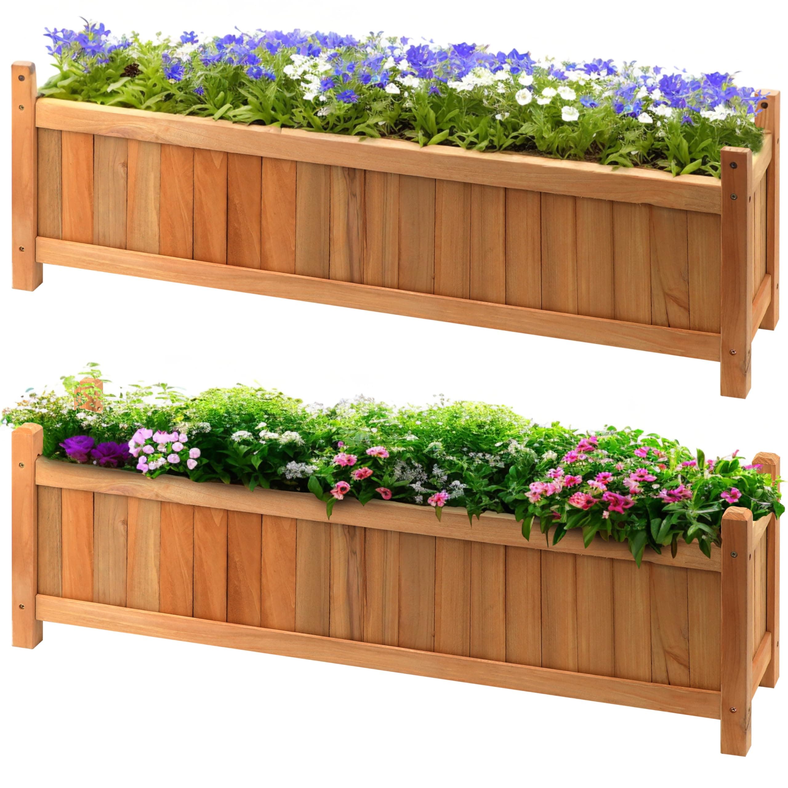 GEEZY 2x Wooden Rectangular Garden Planters & Flower Pots - Classic Large Raised Bed Baskets - Easy Assembly & Durable Wood Construction - Perfect for Patio, Balcony, or Backyard Gardening