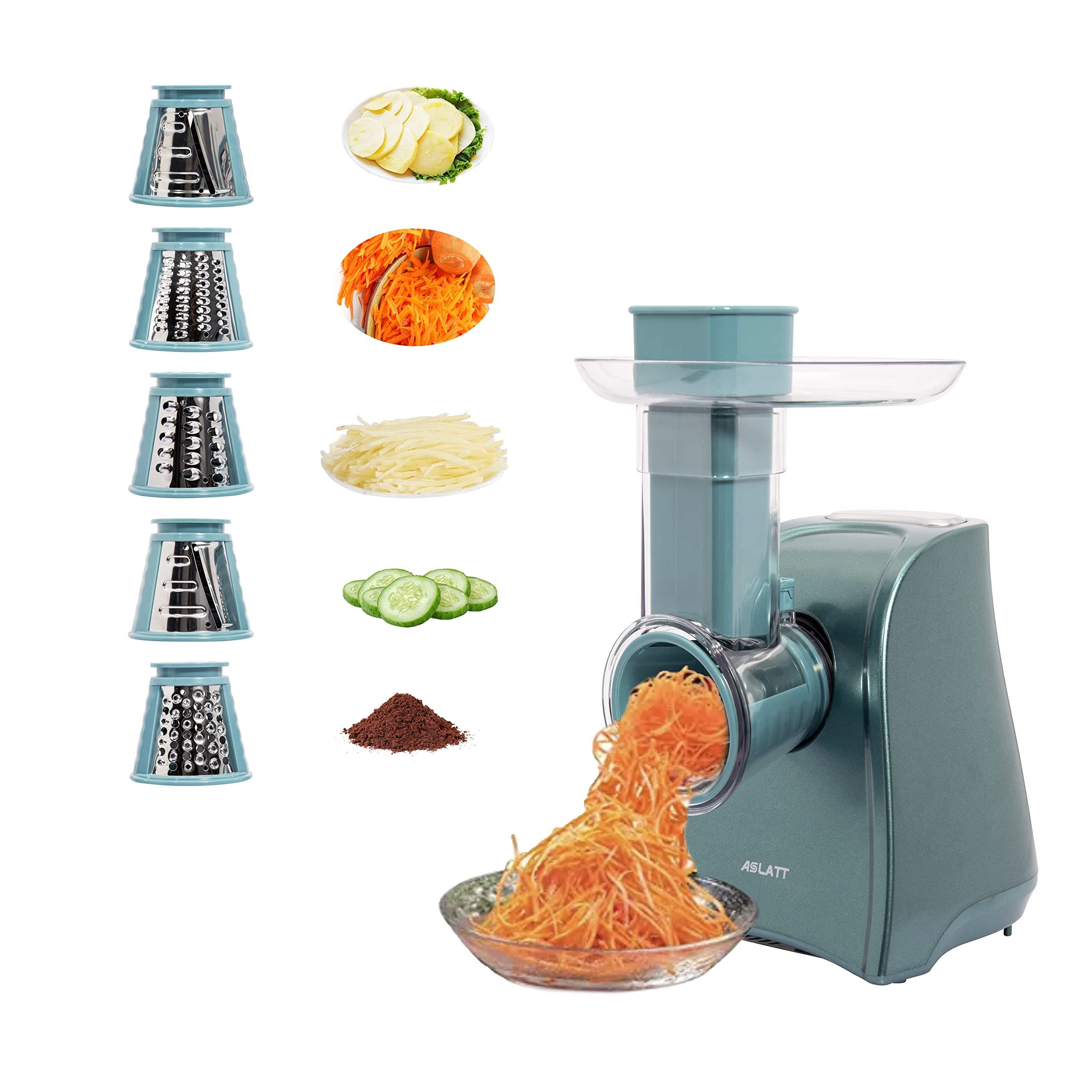 One-Touch Control Cheese Grater Machine - Electric Shredder for Vegetables, Fruits, Potato - Salad Maker with 5 Free Attachments, Green