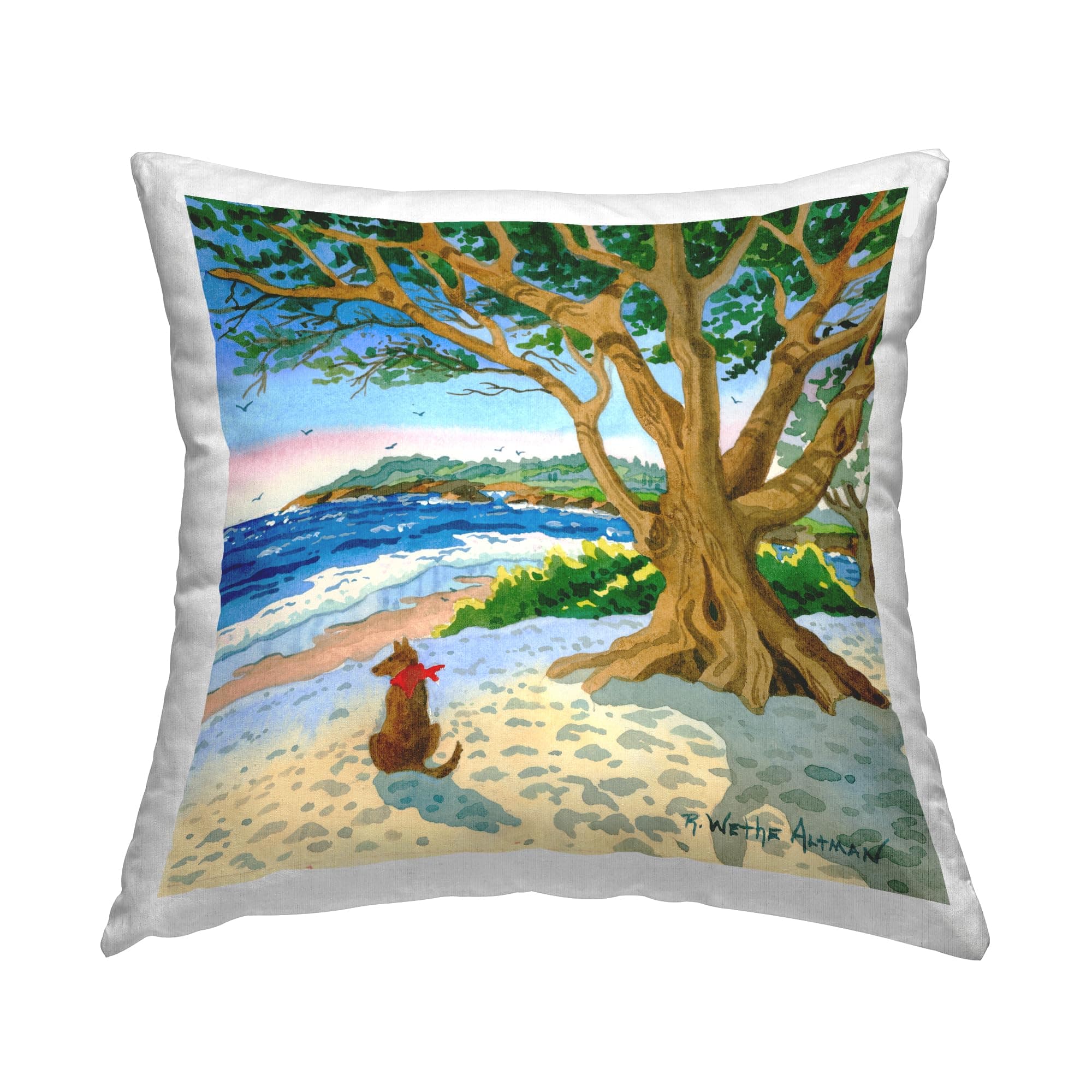 Stupell Industries Dog Under Tree on Beach Design by Robin Altman Throw Pillow, 18 x 18, Multi-Color
