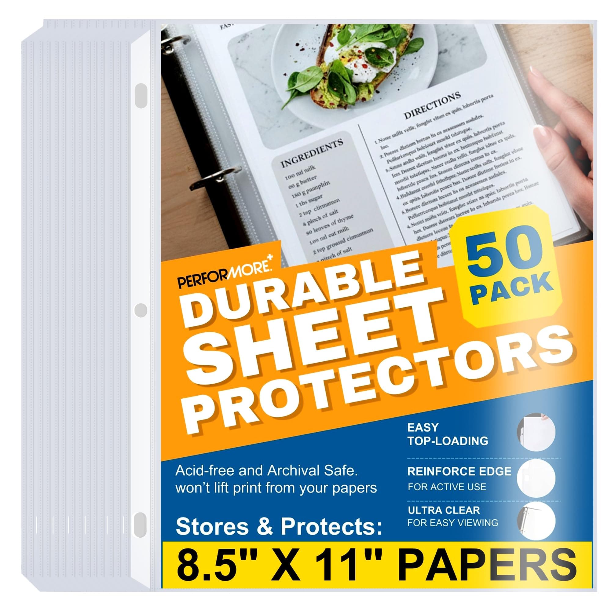Performore 50 Sheet Protectors, Durable Clear Page Protectors 8.5 X 11 Inch for 3 Ring Binder, Plastic Sheet Sleeves, Durable Top Loading Paper Protector with Reinforced Holes, Archival Safe