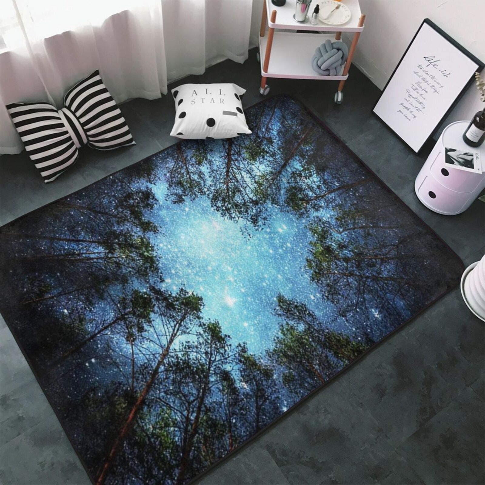 Forest Starry Night Sky Tree Galaxy Blue Milky Way Area Rug Living Room Carpet Bedroom Rug Flannel Children Crawling Non Slip Floor Mat For Kids Playroom Garden Entry Home Decor 5'x3'/60''x39''