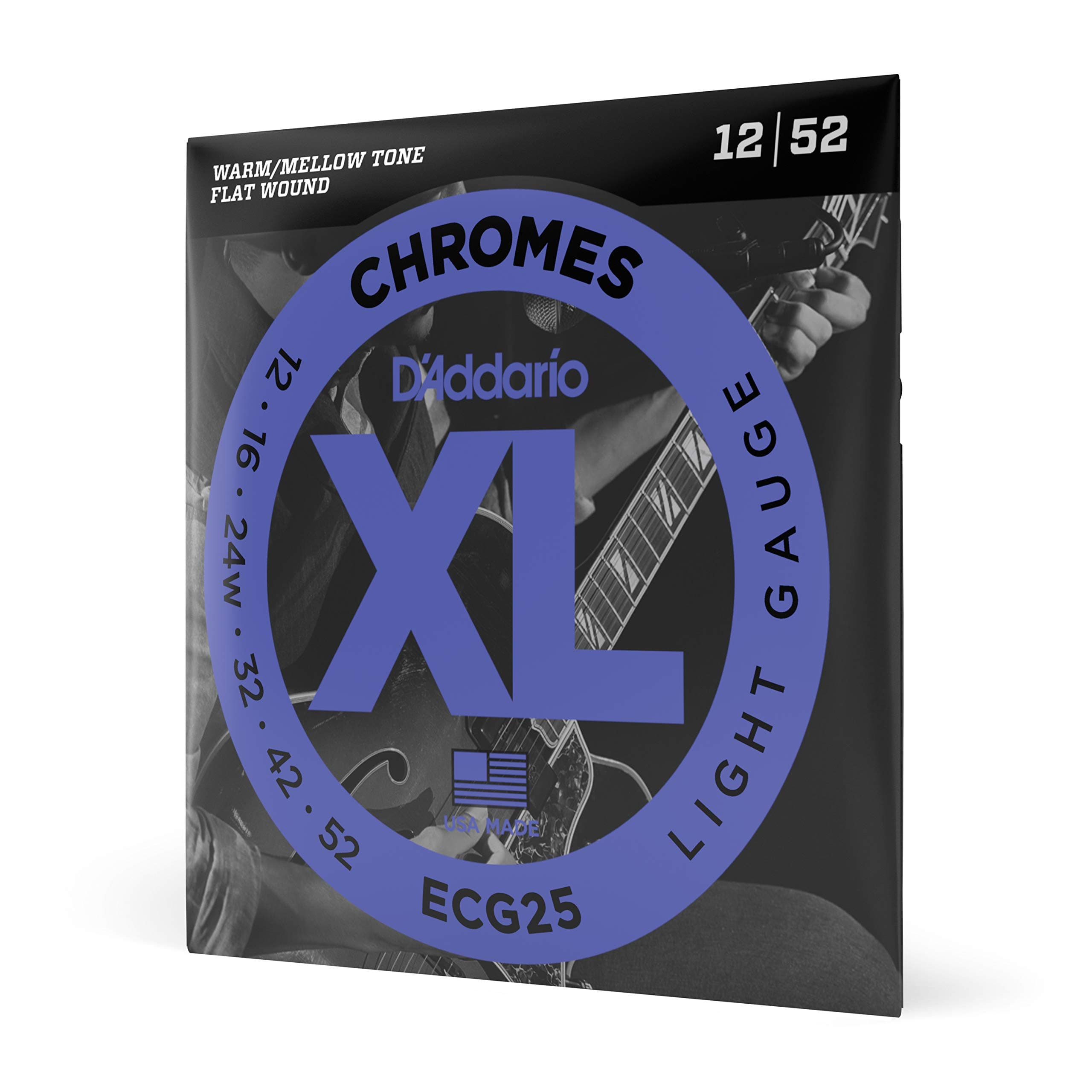 D'Addario Guitar Strings - XL Chromes Electric Guitar Strings - Flat Wound - Polished for Ultra-Smooth Feel and Warm, Mellow Tone - ECG25 - Light, 12-52, 1-Pack